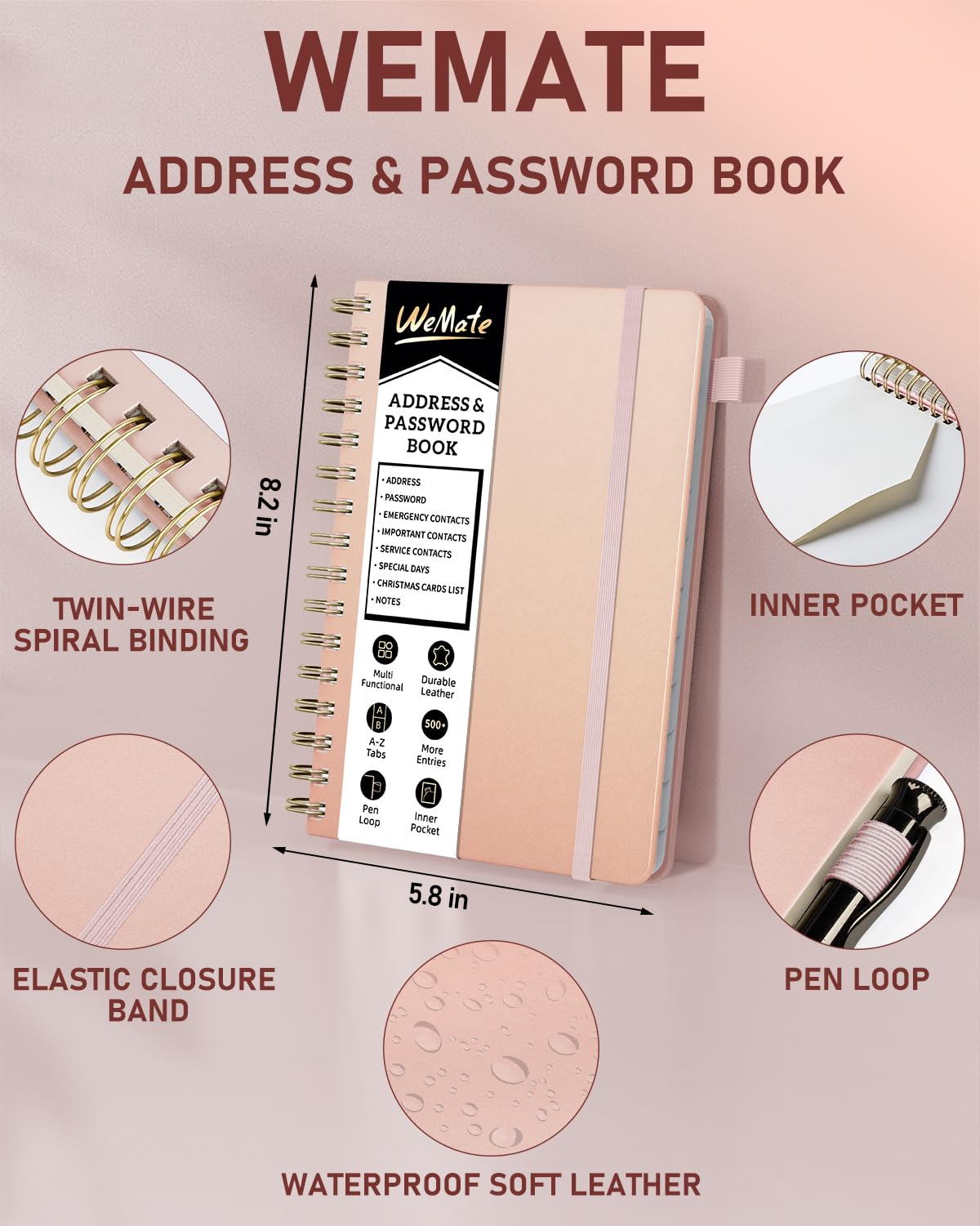 WEMATE Spiral Address Book with Alphabetical Tabs, Leather Password Book - Image 2