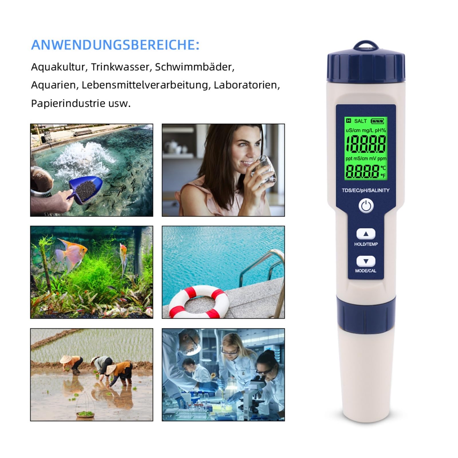 Tester Digitale for monitoraggio della qualità Acqua, TDS/EC/PH/salinità/Temperatura 5 in 1 for Piscine, Acqua Potabile, acquari(PH EC TDS Salt Temp)