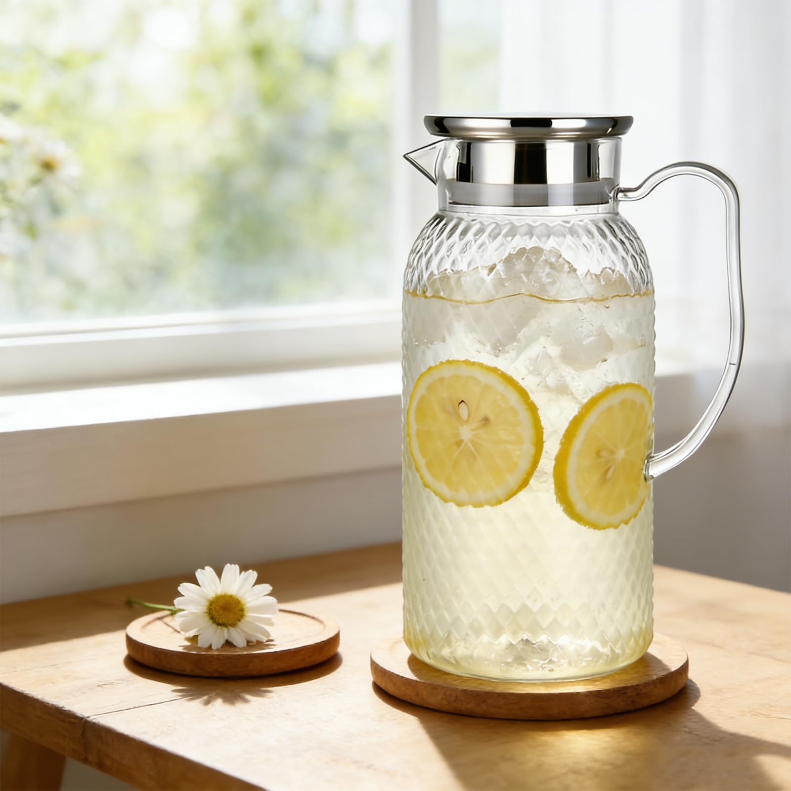 2 caraffa per acqua con coperchio, 1,8 l, con coperchio in PC, caraffa da 2 litri, resistente al calore e infrangibile, per acqua, succo e tè