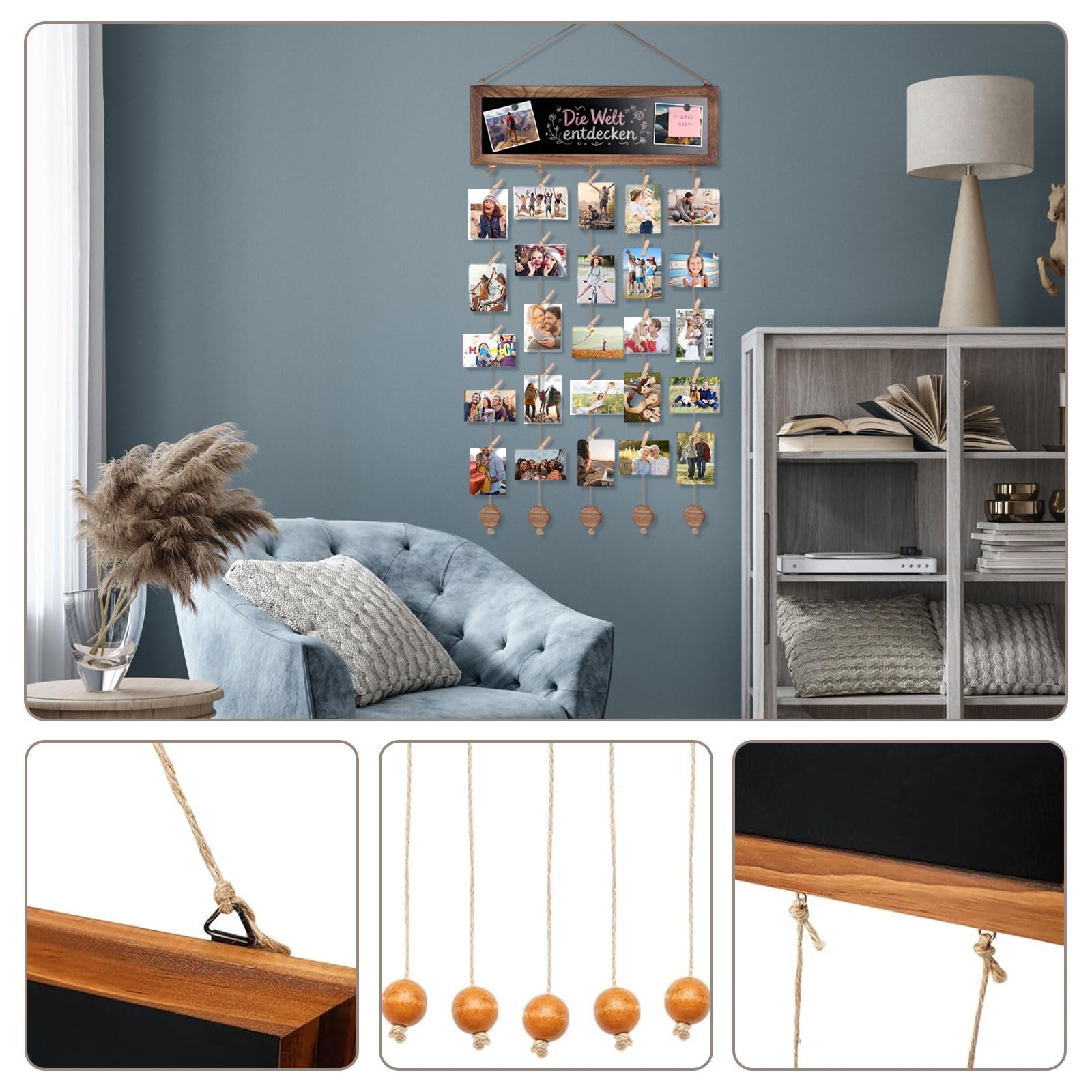 Fotowand mit 30 Clips Bilderrahmen Collage mit Tafel aus Holz | Rustikaler DIY-Stil, Für Wand und Raum Dekoration, Für Weihnachten Geburtstag und Partys