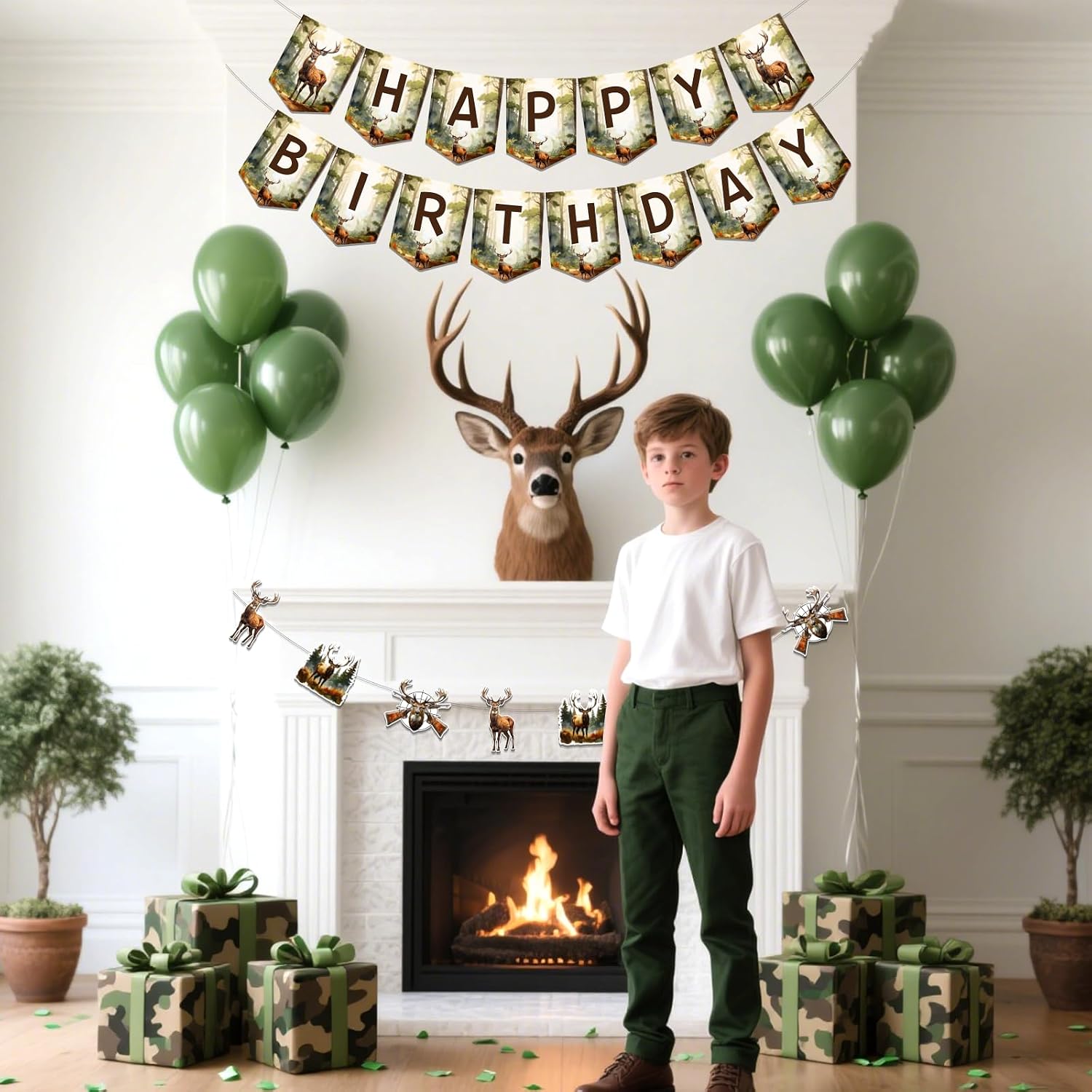 Deer Hunting Happy Birthday Banners - Gone Hunting Birthday Decorations for Boys, Pre-strung Camouflage Hunter Camping Themed Party Supplies