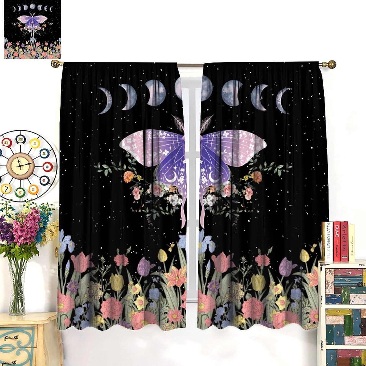 Girls Moth Floral Curtains,Watercolor Purple Butterfly Colorful Flowers Vintage Moon Fantasy Night Blackout Window Drapes for Bedroom Living Room 42" W X 45" L
