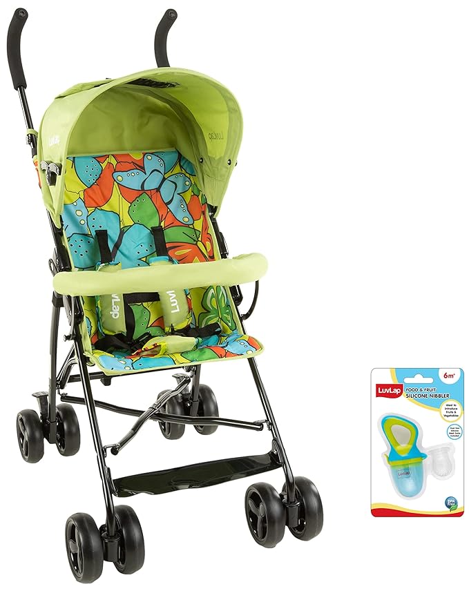 Tutti Frutti Stroller/Buggy, Compact & Travel Friendly, for Baby/Kids, 6-36 Months (Green) & LuvLap Silicone Food/Fruit Nibbler with Extra Mesh, Elegant Blue,