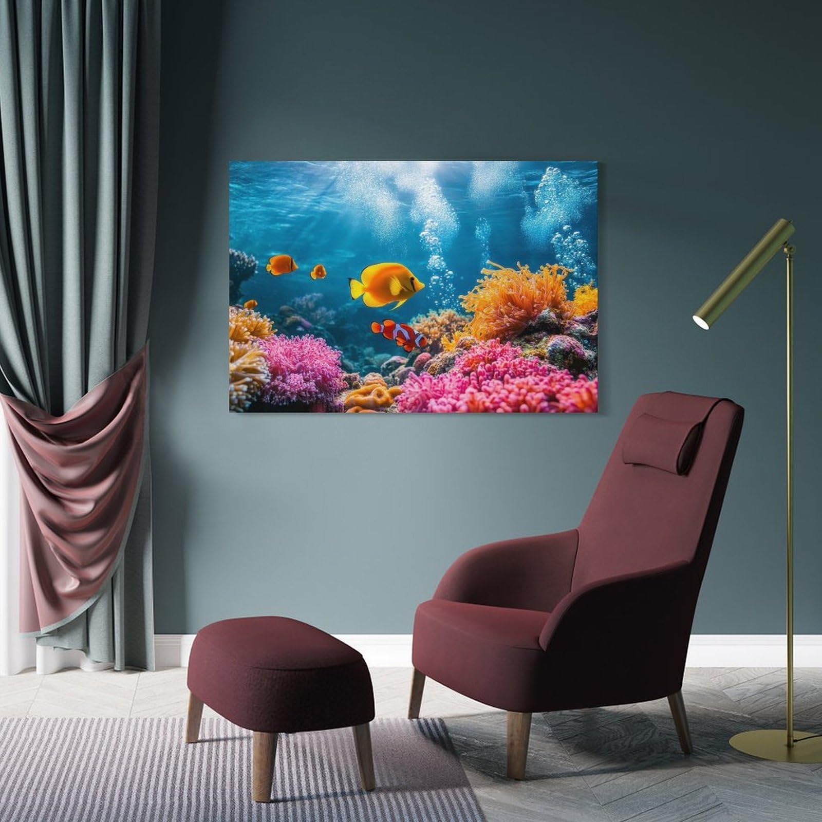 Junmoney Decorative Canvas Print Colorful Coral Reef with Tropical Fish, 20x30inch(50x75cm), for Study, Office Or Apartment Decor, Gift Idea for Housewarming And Birthdays