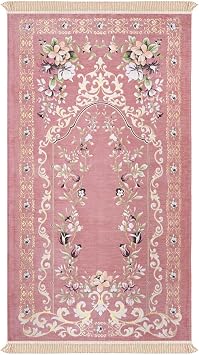 SODEF Pink Rose Garden Embossed Woven Prayer Rug Seccade, 65x110cm, 100% Cotton, Non-Slip Base, Refined Floral Design - Pink, 26x43 inch