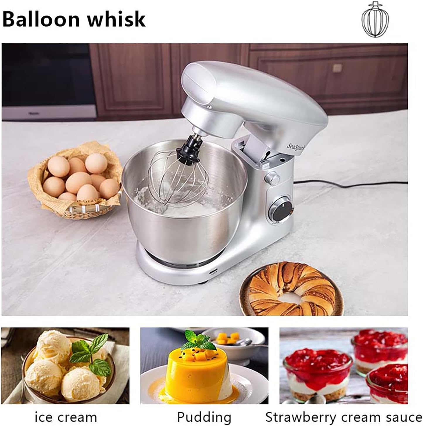Stand Mixer, 3 in 1 Stand Mixer, 5.5Qt Electric Mixer, Mixer with Stainless Dough Hook, Wire Whip & Beater, Food Mixer for Baking, Cake and Most Home Cooks, Silver