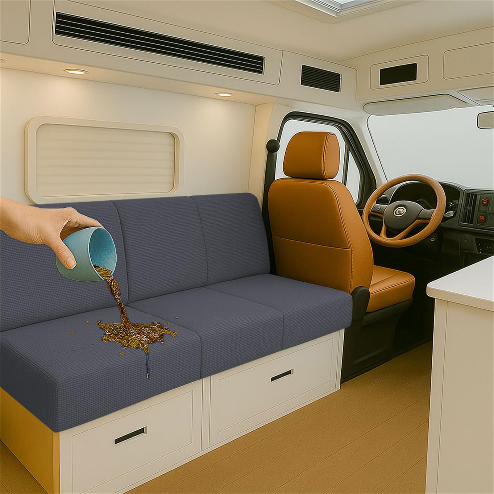 Stretch RV Cushion Seat Covers Waterproof for Caravan Bench Dinette, Jacquard Sofa Seat Protector with 2 Elastic Straps Multi Size Fitted Slipcover for Camper Indoor (Dark Grey,L 190-220cmW 40-65cm)