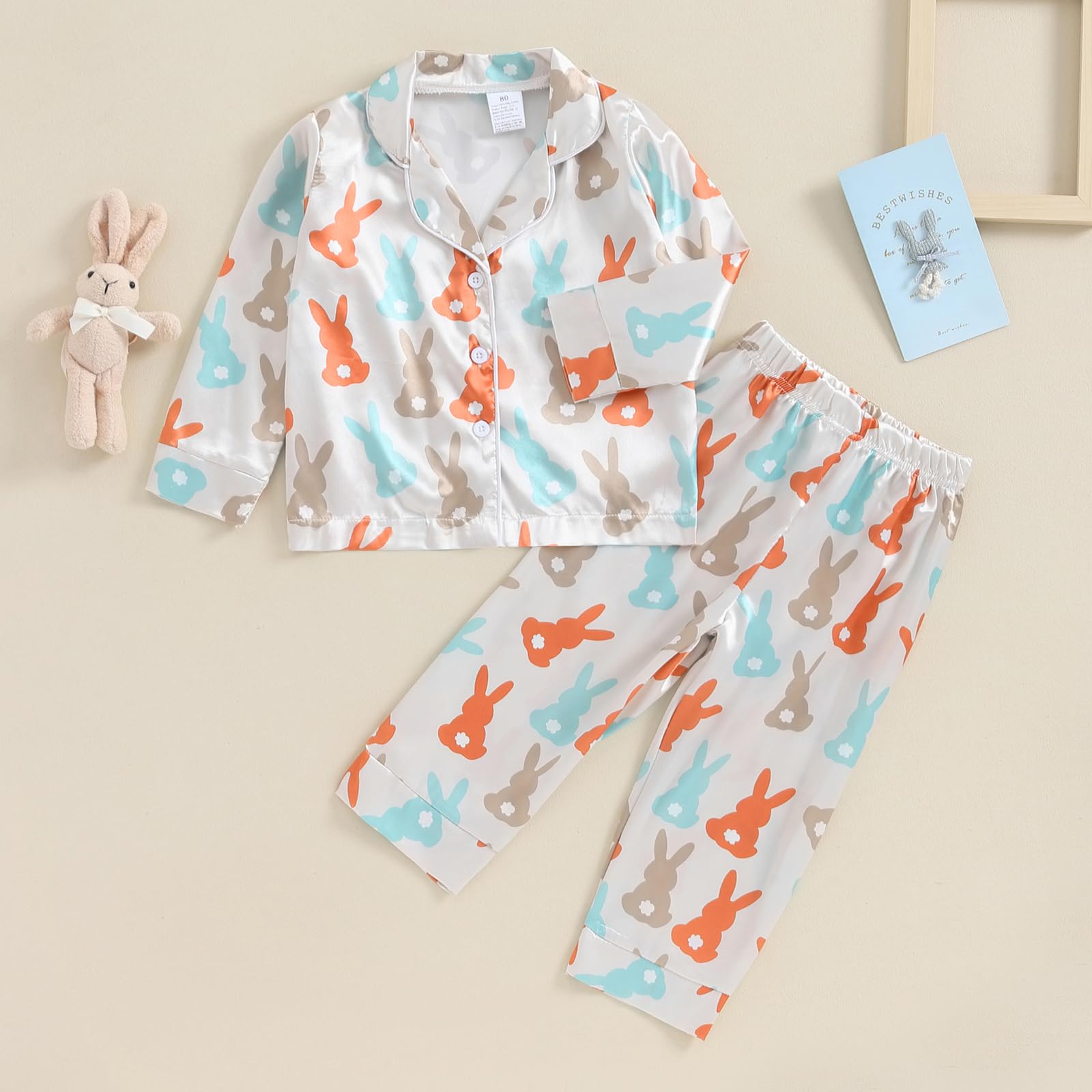 MAINESAKA Toddler Baby Girl Boy Satin Silk Pajamas Set Long Sleeve Button Down Shirt Tops Pants Sleepwear Bunny Easter Pjs (A-Green, 1-2 Years)