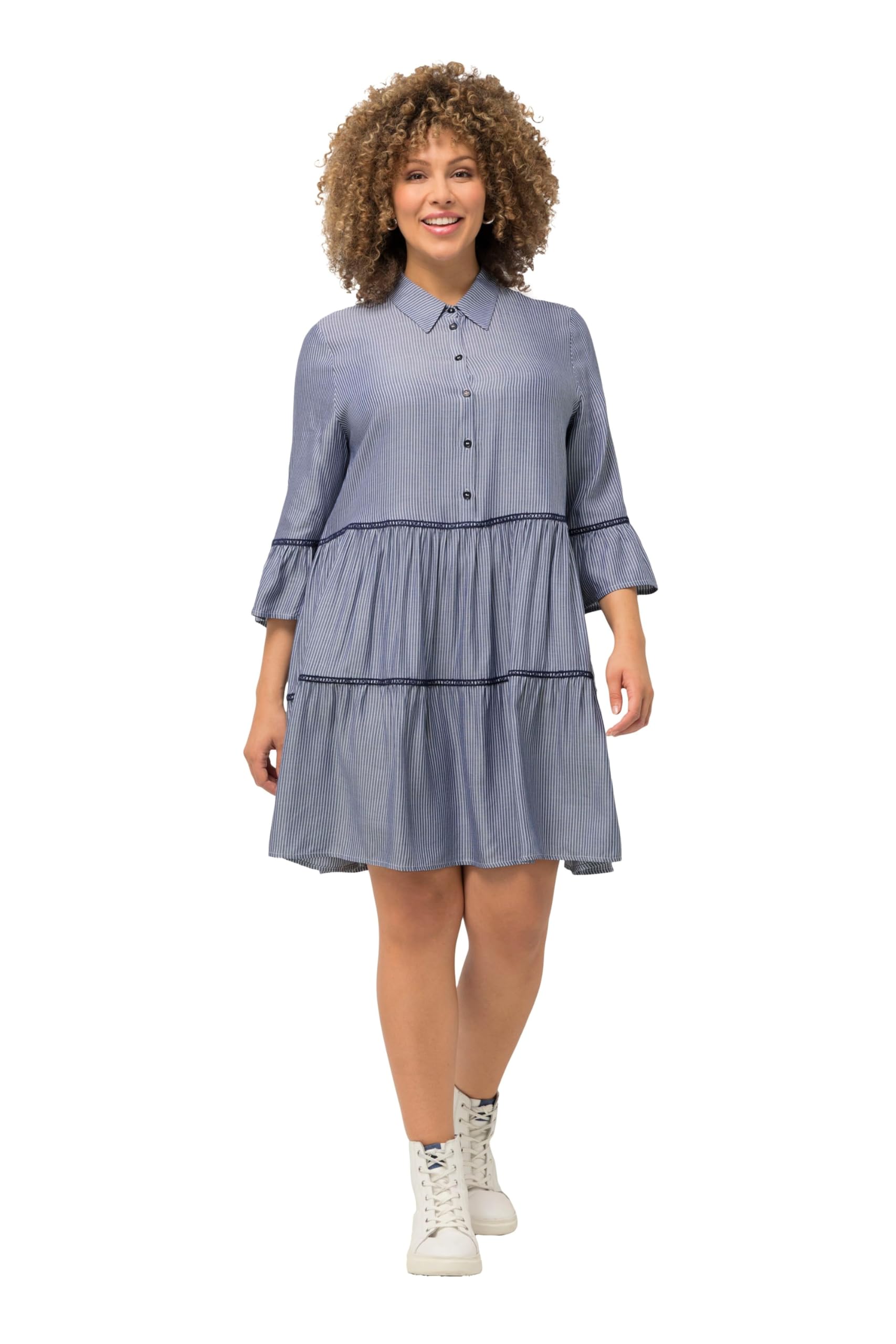 Ulla Popken Femme Grandes Tailles Robe, Bandes brodées, Coupe évasée, col Chemise, Manches 3/4 827335