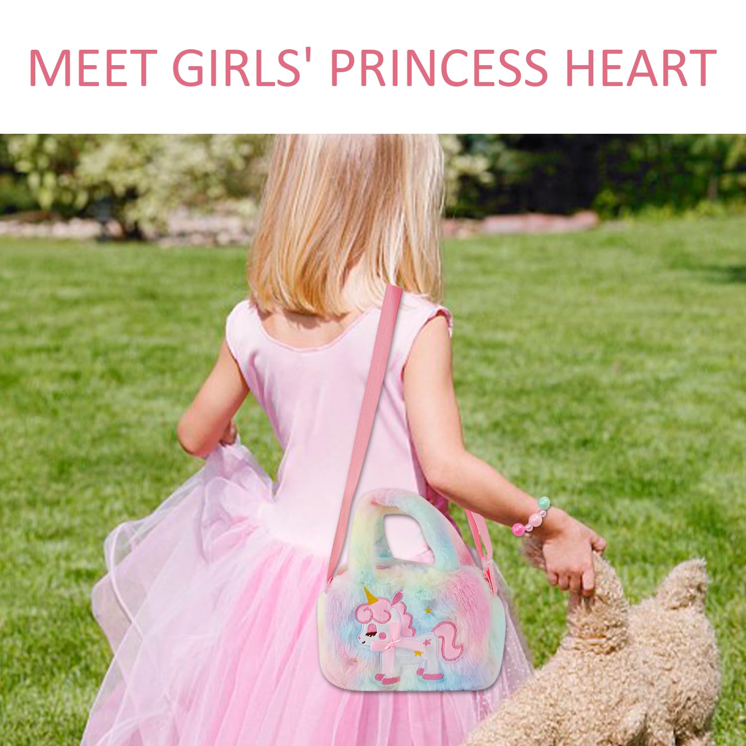 Bolso de mano de animal de 1 pieza con juego de collar de 5 piezas, bolsa arco iris para niñas, regalo dulce para guardar joyas, bolso de peluche,