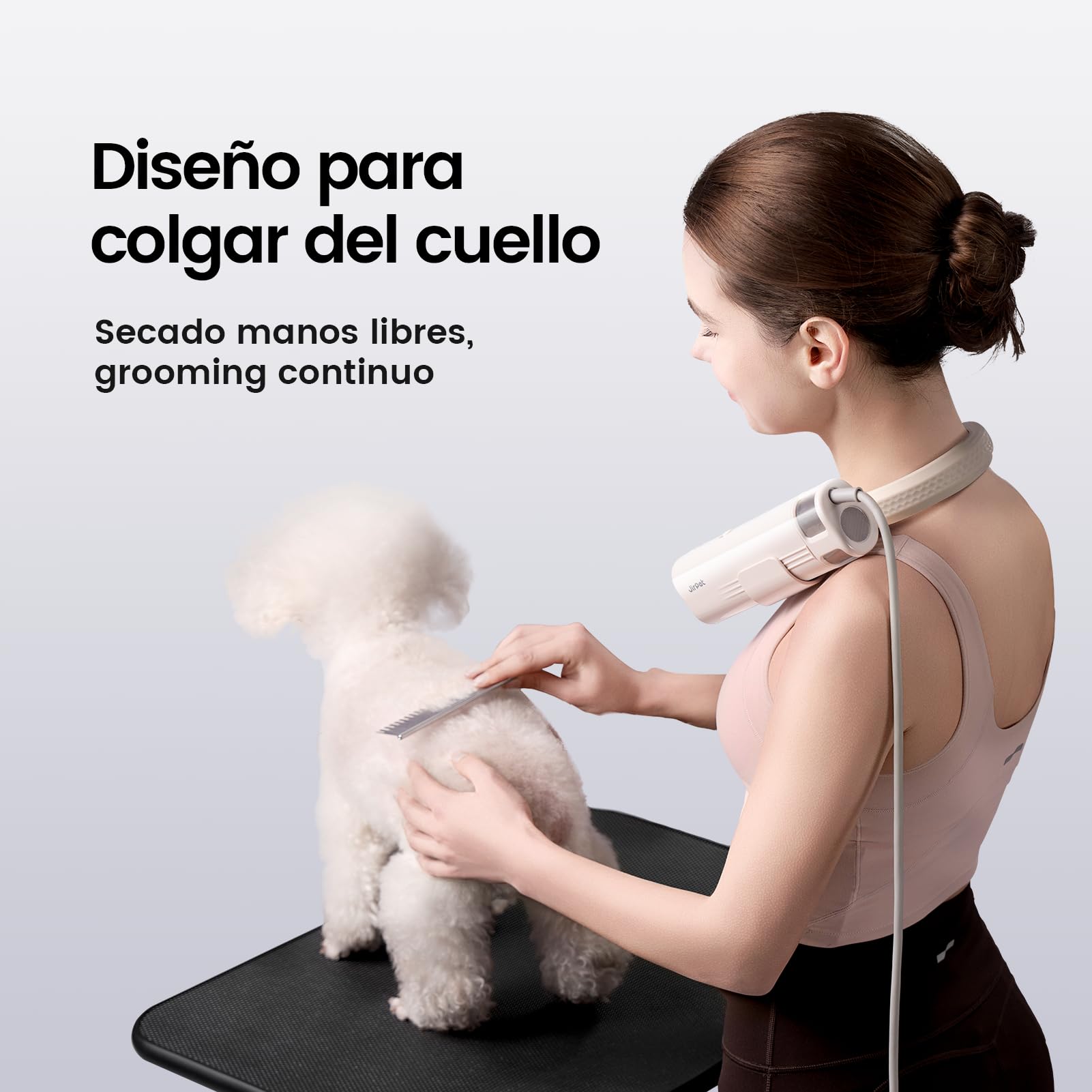 JirPet Secador para Perros con Soporte para Cuello, Secador Profesional de bajo Ruido, portátil con 75 m/s, Manos Libres con Soporte para Cuello, 3 velocidades y 4 temperaturas, para peluquería