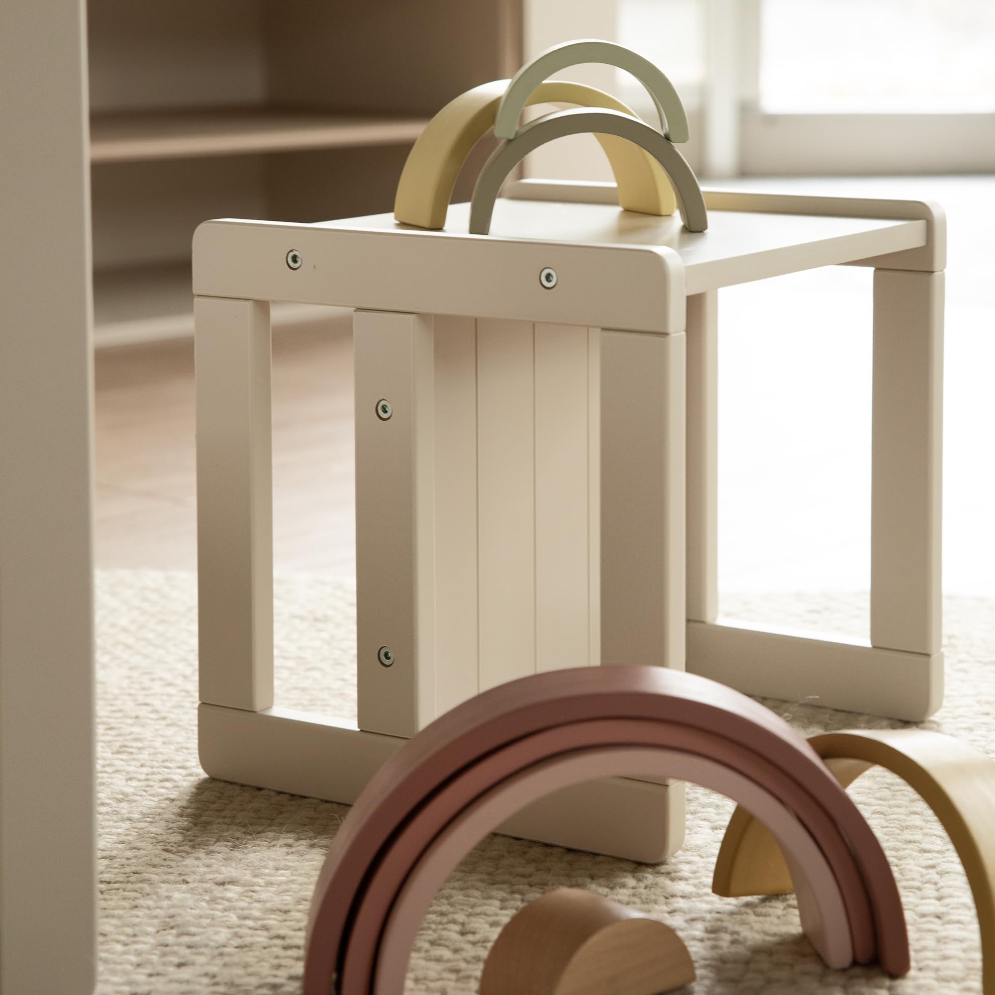 Sgabello per Bambini in Stile Country Reversibile 3 Altezze Seduta Legno Beige/Cashmere