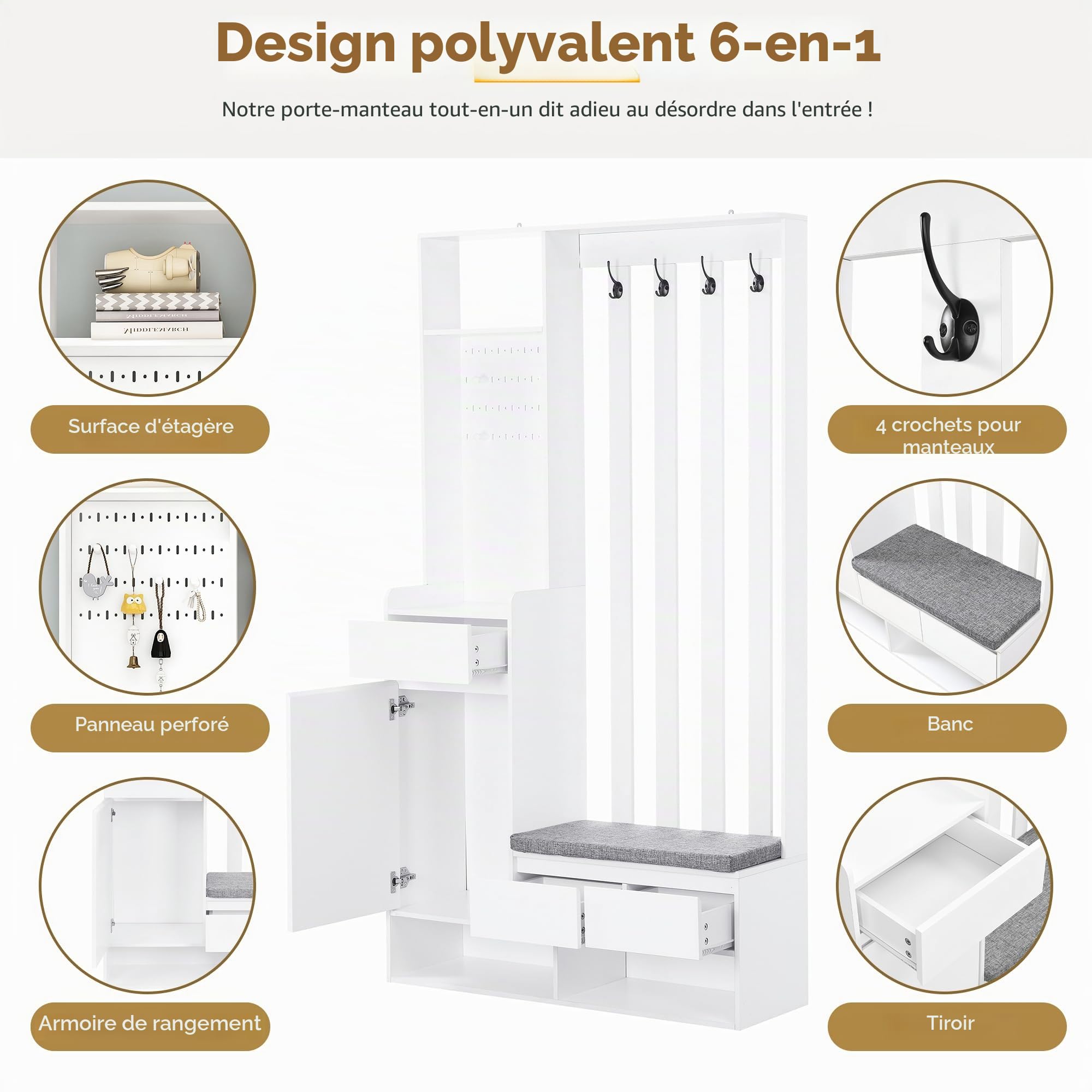ModernLuxe Porte-Manteau Mural - Ensemble de Garde-Robe - Meuble de Couloir combiné - Armoire à Chaussures - Meuble de Couloir combiné - Armoire à Chaussures - Armoire à Chaussures - Tiroir - H 180 x
