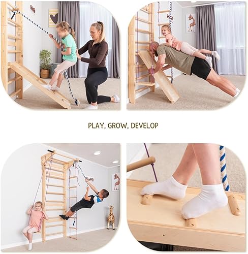 Miniatura 2 de Barras de pared de escalera sueca con barra de dominadas, barras de madera para gimnasio en casa con anillos de gimnasia, tobogán, columpio, cuerda