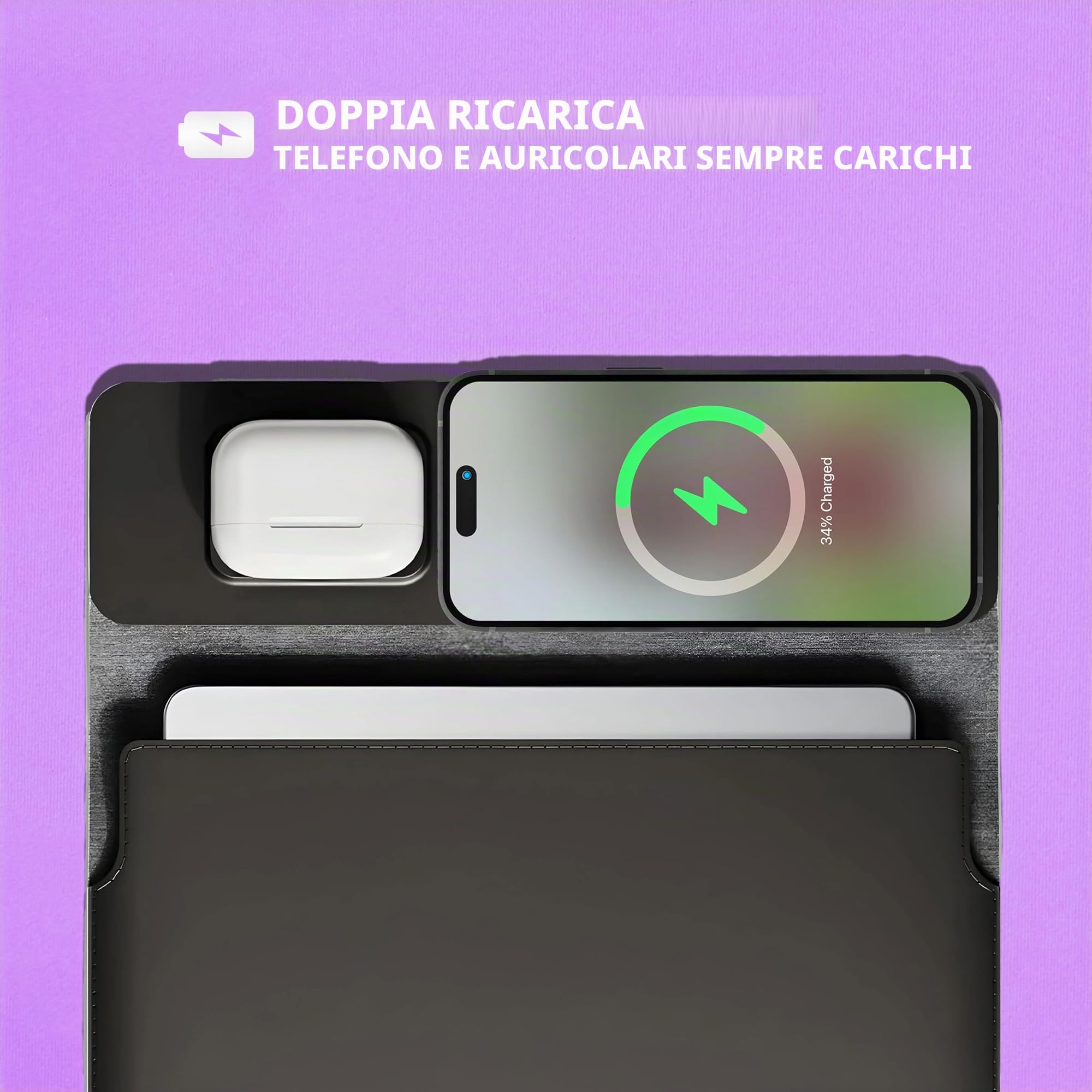 Custodia per laptop con ricarica wireless, custodia in pelle 4 in 1, tappetino per mouse e deskpad, ricarica rapida per telefoni e auricolari, protegge il computer portatile, compatibile con laptop da