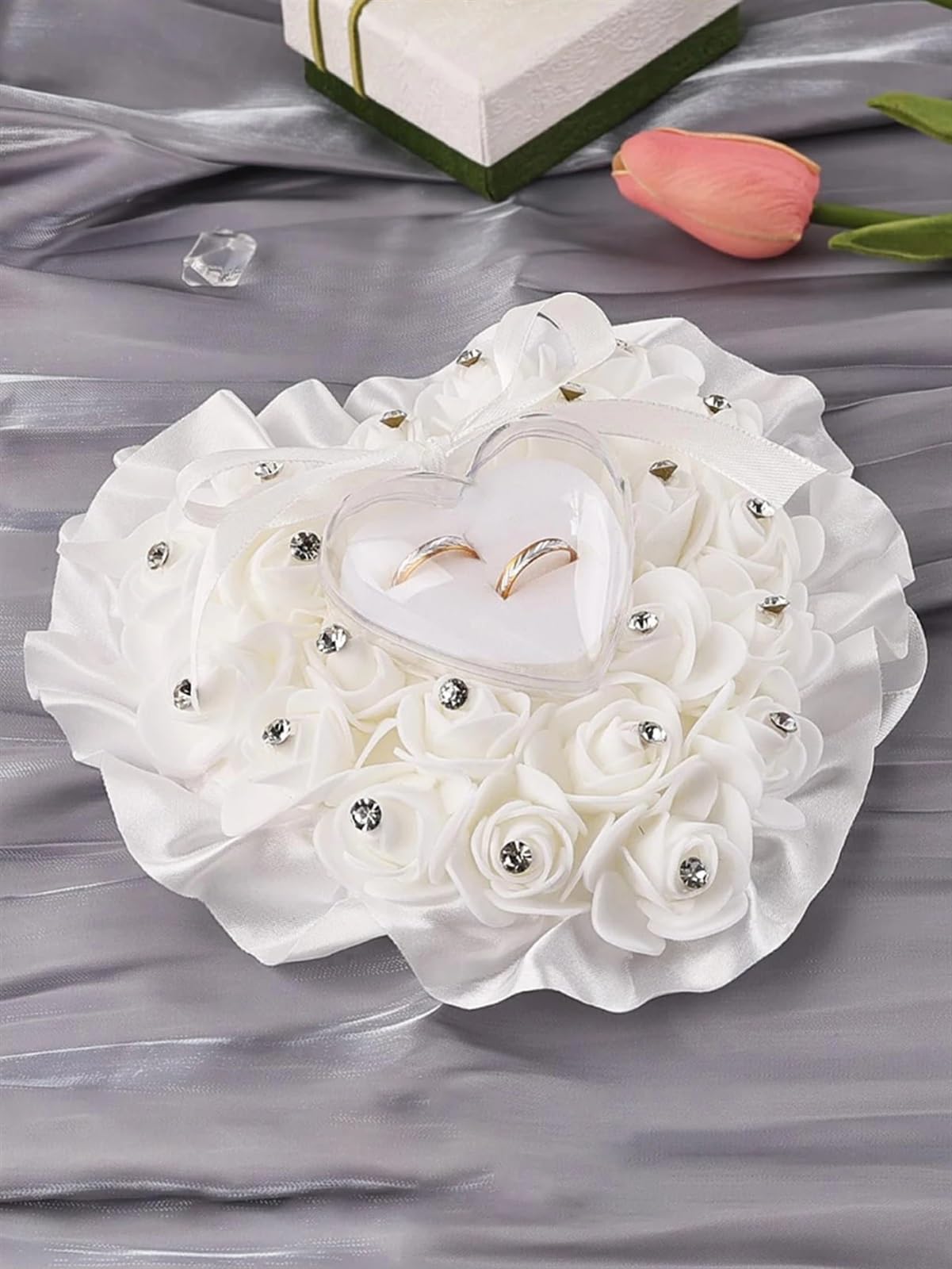 Rose Hochzeit Ring Kissen Herz Form Hochzeit Ring Box Kissen Kissen Rose Hochzeit Zeremonie Ring Halter für Ringträger(Purple)