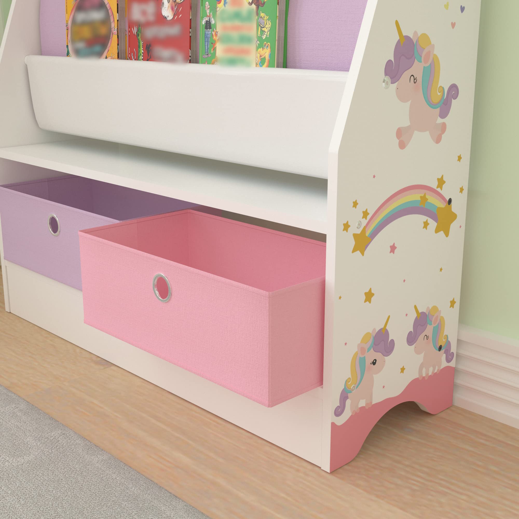 [en.casa] Scaffale per Cameretta con Contenitori a Scaletta per Libri e Scatole Pieghevoli Porta Giochi - Mobile a Misura di Bimbi in Design Unicorno - Viola/Rosa/Bianco