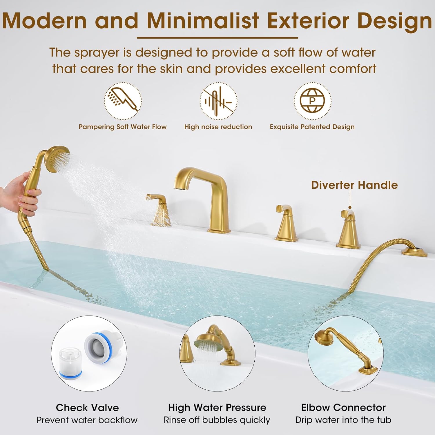 Roman Tub Faucet with Sprayer, Garden Tub Faucet with Valve, Brass 5 Hole 3 Handle, Widespread Deck Mount Tub Filler with Diverter, High Flow Bathtub Faucet with Hand Shower Brushed Gold