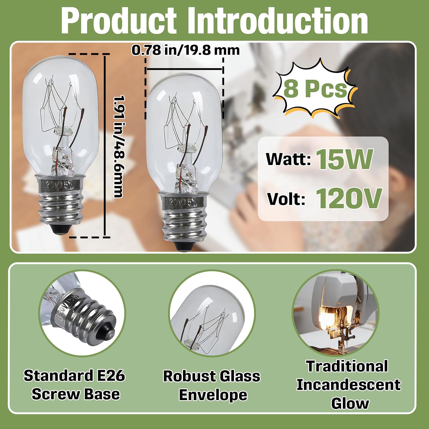 8 Pcs #7SCW 15W 120V Sewing Machine Light Bulb Compatible with Brother/Janome/Babylock/Singer/Kenmore Sewing Machines, Sewing Machine Accessories