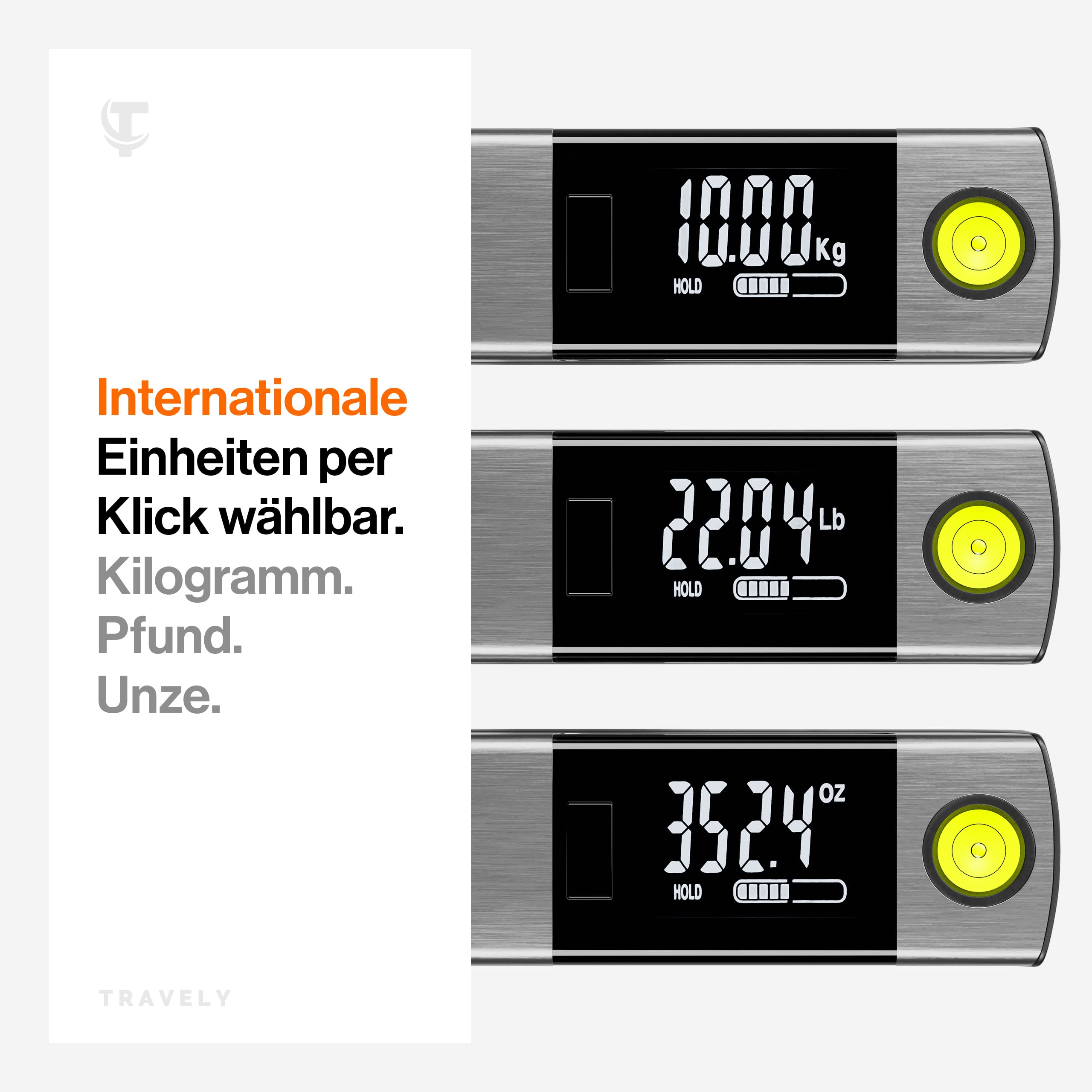 TRAVELY Premium Kofferwaage aus gebürstetem Edelstahl bis 50KG I Gepäckwaage mit praktischem Maßband und integrierter Wasserwaage für genauste Messungen. weight Scale digital mit haken
