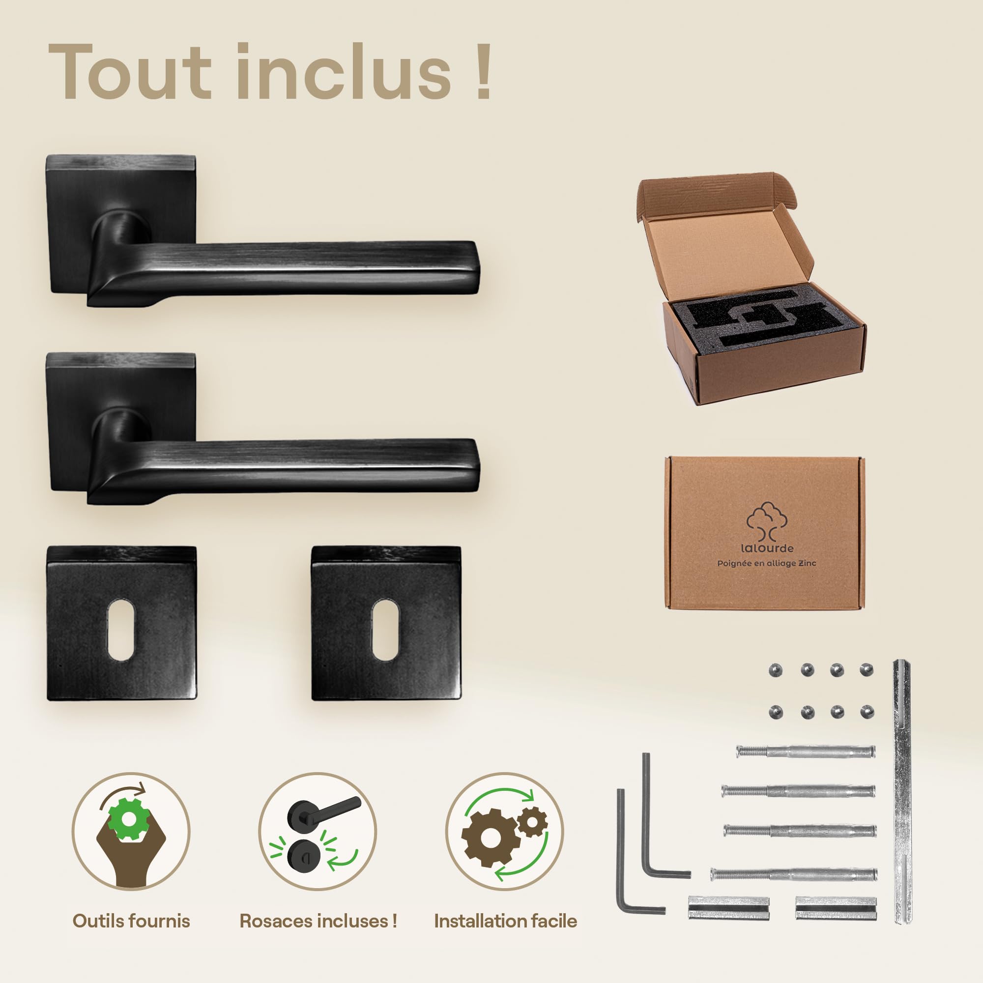 Poignée de Porte Atlas - Aluminium Finition Noire - Haute Qualité - Portes Intérieures - Marque Française - Platine de Finition Carrée + Rosace à Clé - Carré 7/8 mm