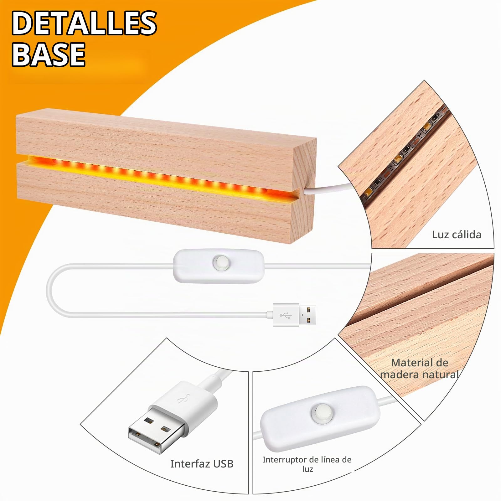 BORDEAG Base de Exhibición de Luces LED, 4 Piezas Base de Madera con Luz Led, Base de Madera Rectangular con USB para Placa Acrílica, Placa de Cristal, 15 cm de Largo, Blanco Cálido