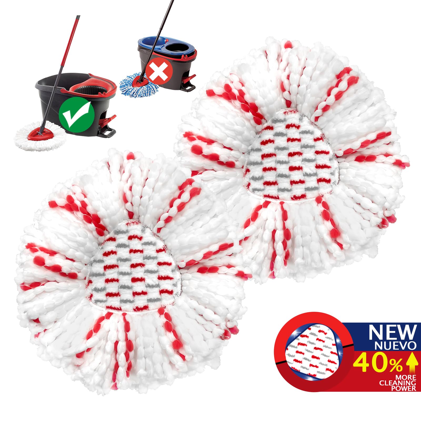 Mop Heads Replacements - 40% More Cleaning Power, 2 Pack Spin Mop Replace Refills for Easy Wring 1-Tank System, Deep Cleaning, Microfiber and Machine Washable