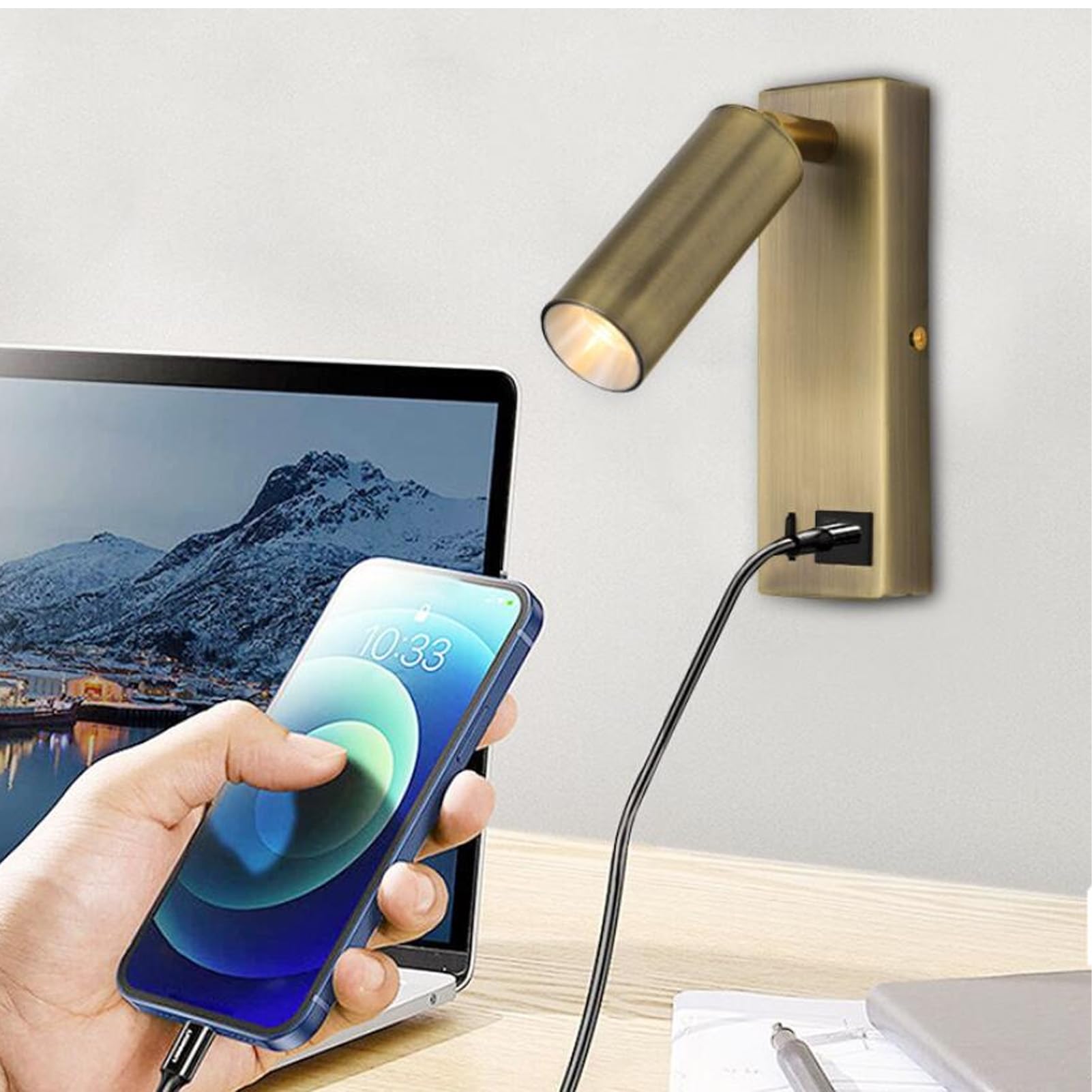 Faretto LED a parete Porta USB Angolo regolabile Look elegante Luce da comodino Camera da letto Soggiorno da 85 a 265 V
