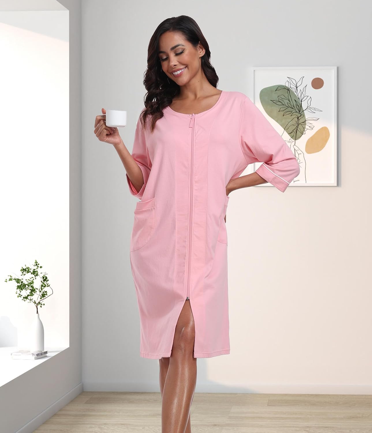 CF Women's 100% Cotton Zipper Robes 3/4 Sleeve Loungewear Knee Length Housecoat Lightweight Zip Up Nightgowns with Pockets