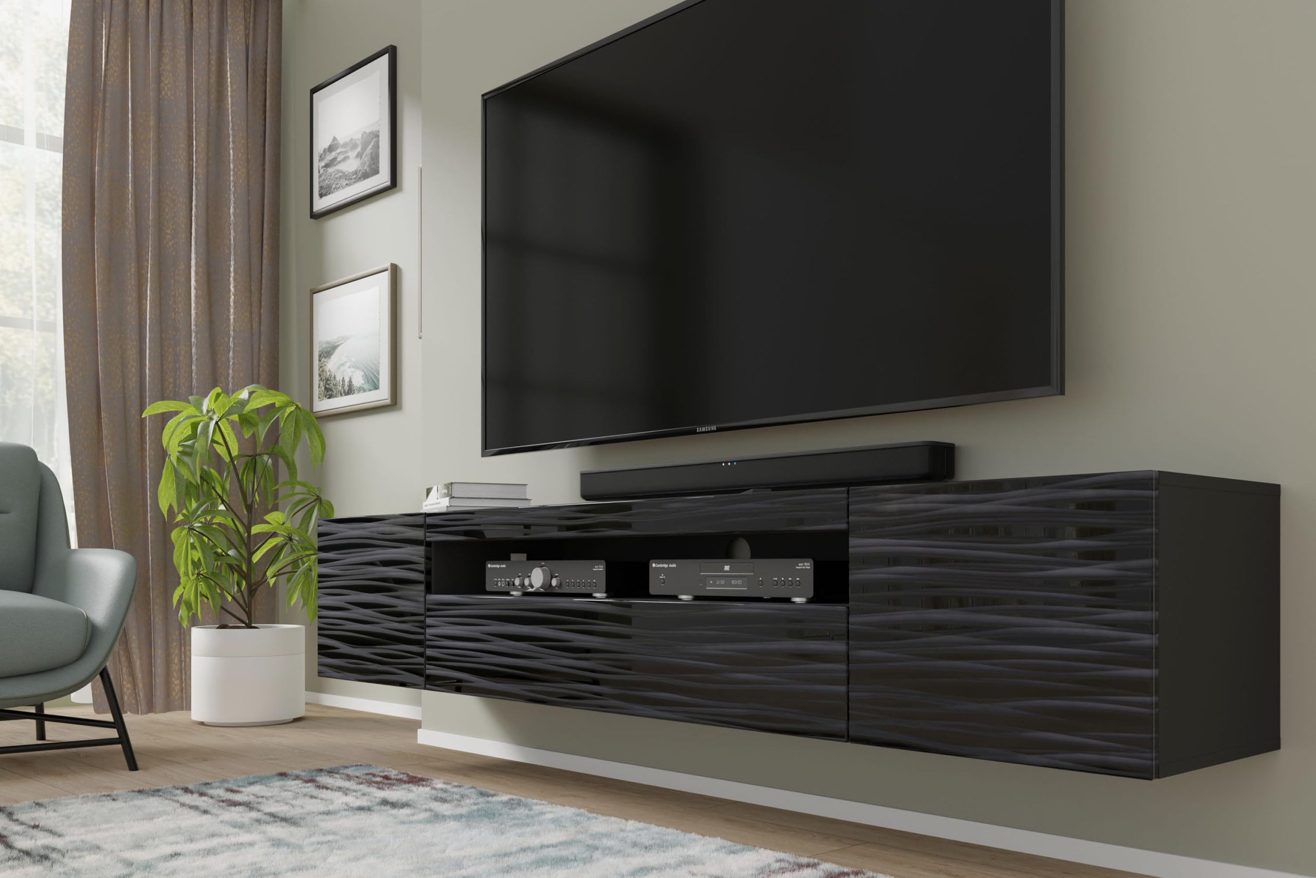 Homlando TV-Schrank Aura Schwarz Sahara 200x37x42 cm, MDF Platte, Hängend oder Stehen,Universal Fernsehschrank, Lowboard mit Stauraum, Kabelöffnung, Wohnzimmer (Schwarz Sahara)