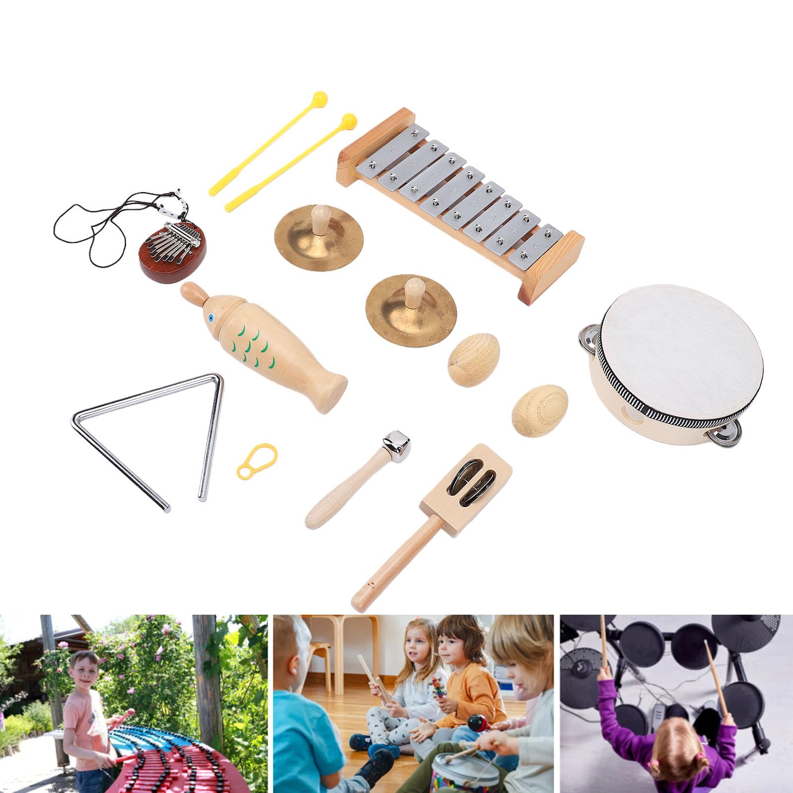 Kinder-Schlaginstrumenten-Set aus Holz, Kleinkind-Schlagzeug-Set mit Xylophon, Trommel, Tamburin und Maracas aus Buchenholz und Metall für die Frühe Lernphase in Vorschule,