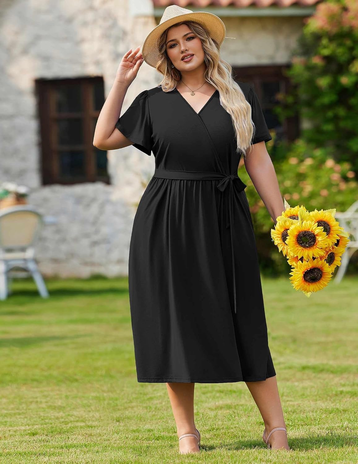 IN'VOLAND Women Plus Size Short Sleeve Dress Casual Wrap V Neck Belted Vacation Beach Midi Dresses with Pockets - Image 3