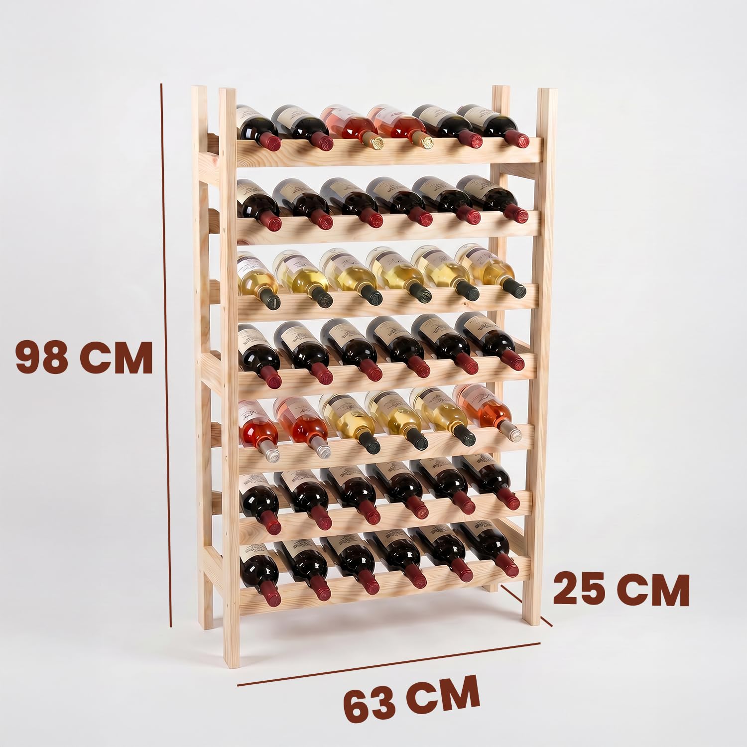 Weinregal Holz für 42 Flaschen mit 7 Regalböden 98 x 63 x 25 cm | 98 x 63 x 25 cm, Robustes Massivholz, Montageset inklusive, Sichere Lagerung, Freistehend, Für Keller und Hausbar