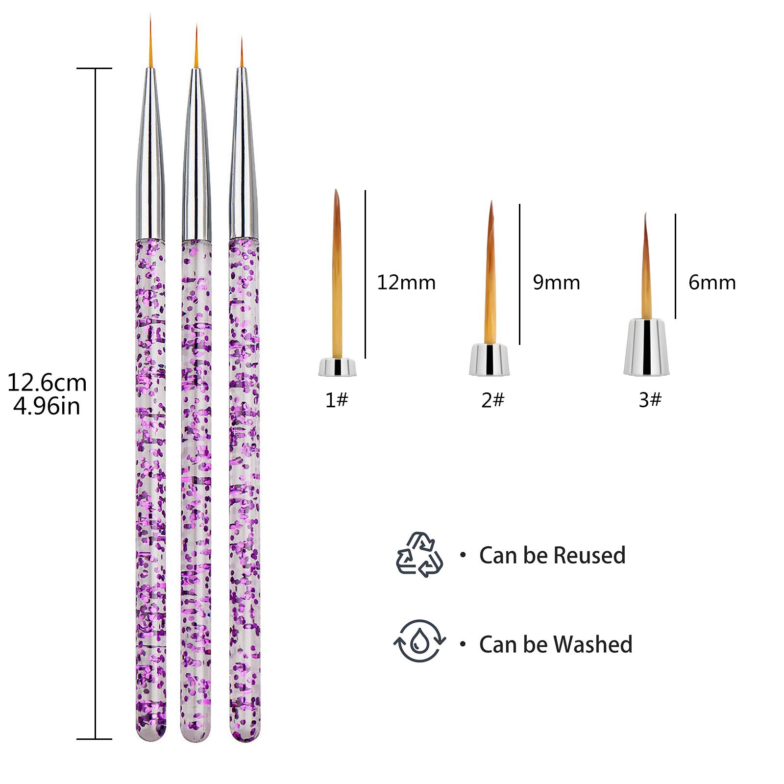 Juego de 3 Pinceles para Decoración de Uñas, Cepillo de Pintura para Nail Art, Herramienta de Detalle para Dibujar Patrones de Línea