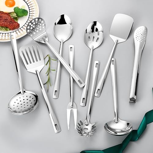 Miniatura 7 de Juego de utensilios de cocina de acero inoxidable, juego de 11 utensilios de cocina con soporte, juego de herramientas de cocina para cocinar con