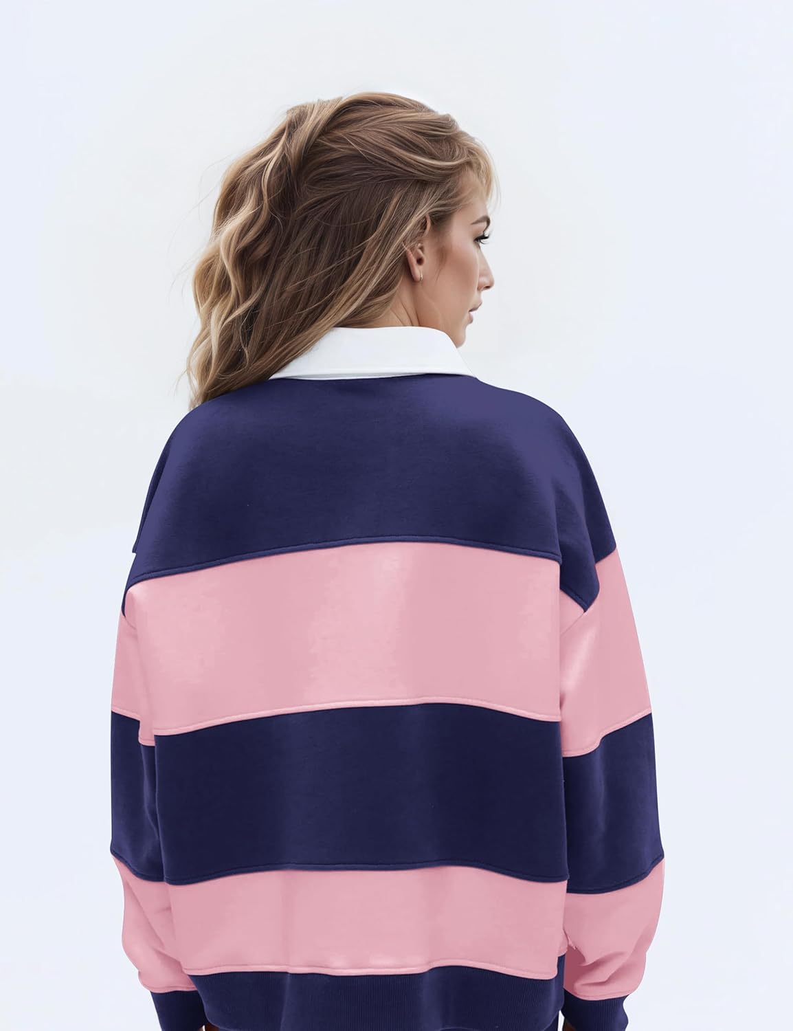 Women Striped Color Block Polo Sweatshirt Lapel Collared Long Sleeve Oversized Rugby Shirt 2025 Trendy Fall Clothes - Image 4