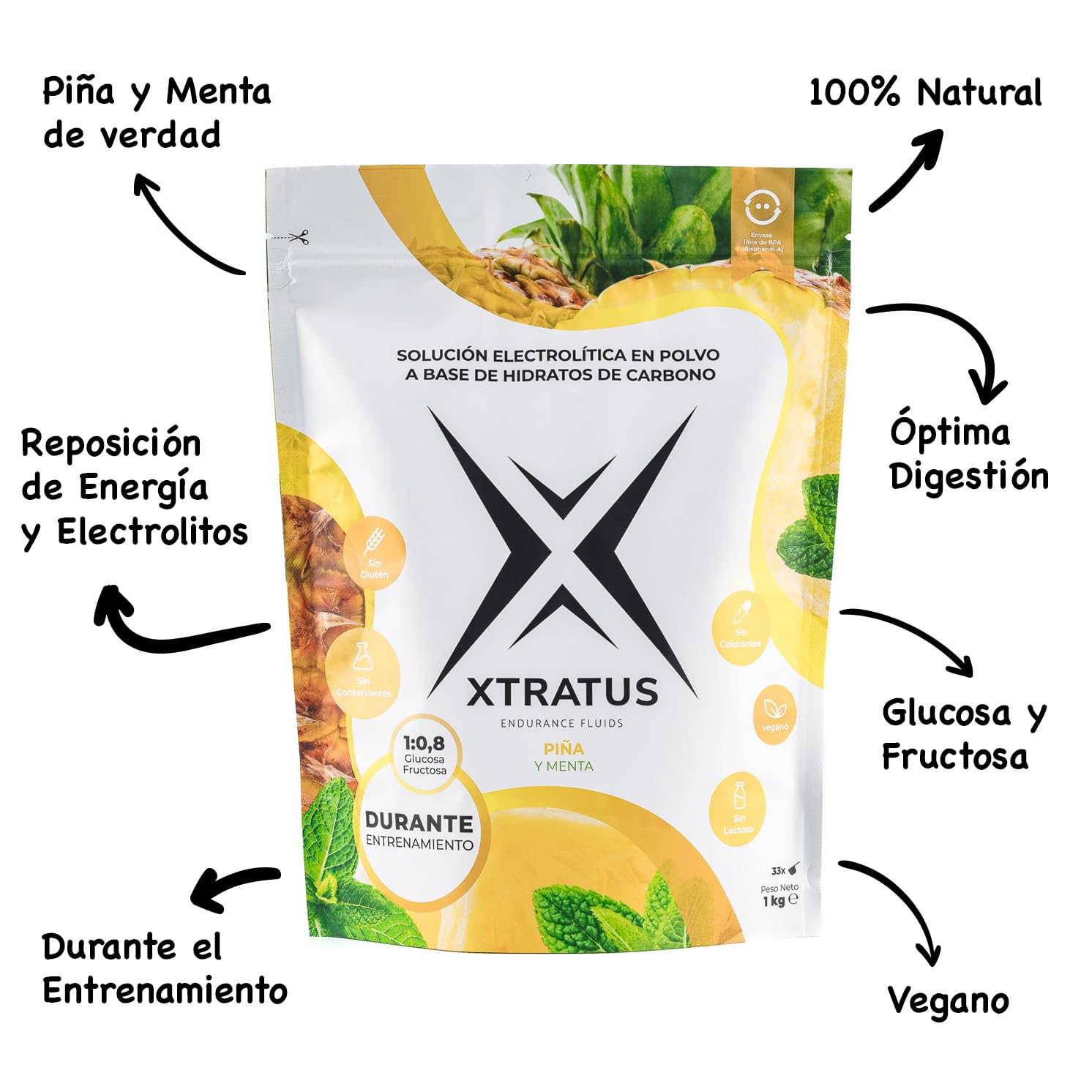 Bebida Deportiva De Carbohidratos Rápida Absorción Mezcla 1-0,8 Y Electrolitos Con Piña Menta Naturales Sin Aditivos Para Hidratación Energía Máxima XTRATUS