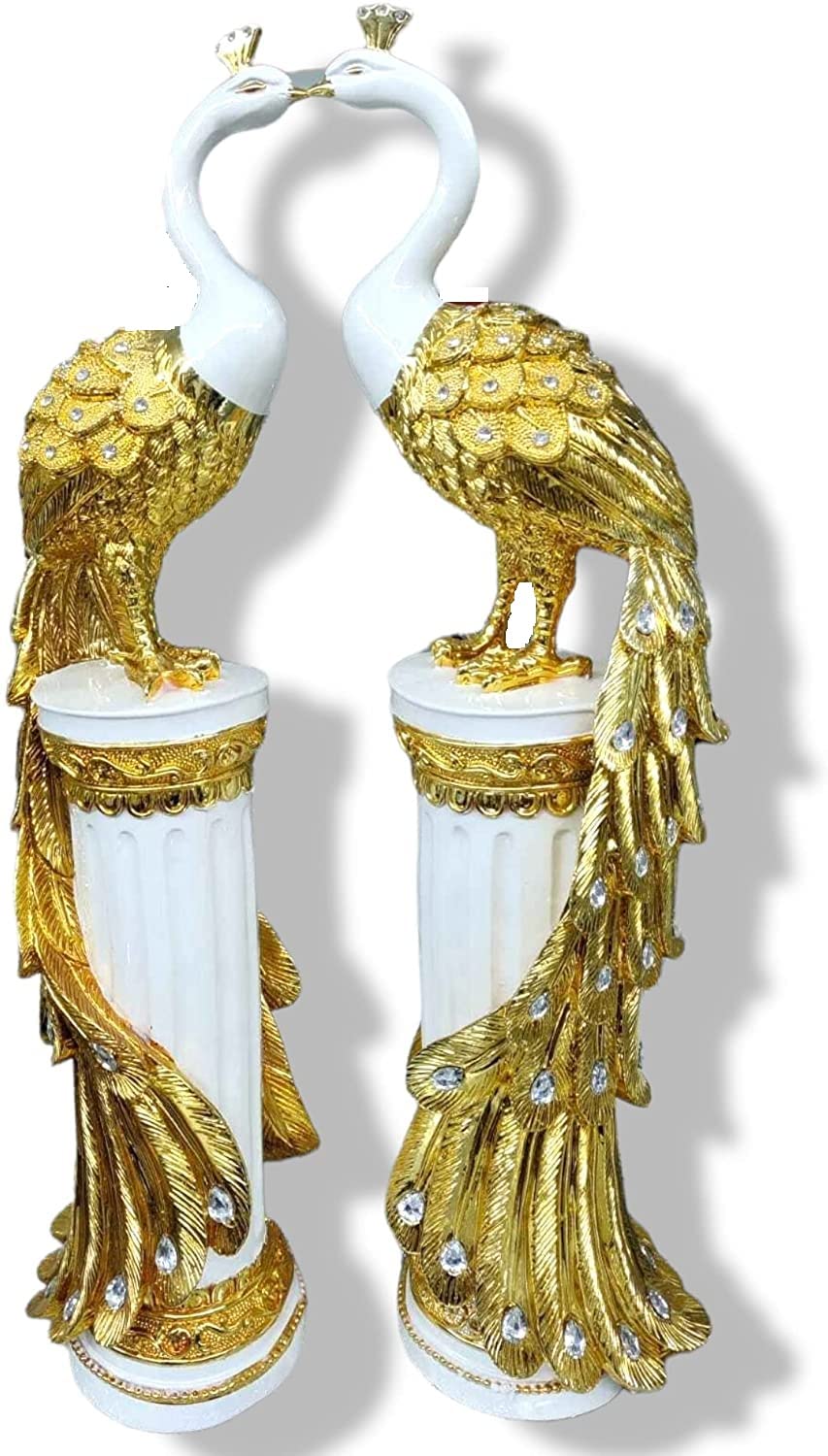 CRYSTAL CROWN® Crushed Diamond Italian Peacock Pair Stand Romany Diamante Gift Shelf Sitter door/Outdoor Home Display Ornament (Gold + White)
