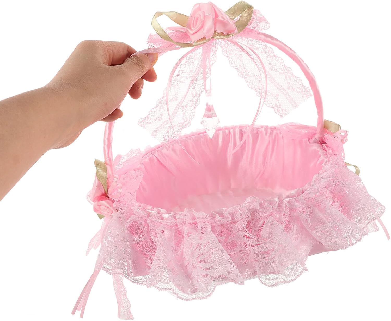 MAGICLULU Flower Girl Basket Wedding Pink Woven Basket with Handle Lace Trim and Rhinestone Decoration for Wedding Ceremony