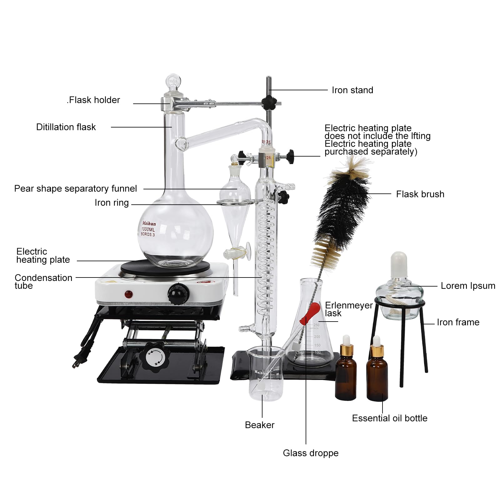 1000ml Essential Oil Distillation Apparatus Kit,Lab Glassware Equipment with 1000W Heater,Precise Measurement Distillation Apparatus for Home Glass Steam Distillation Apparatus Kit
