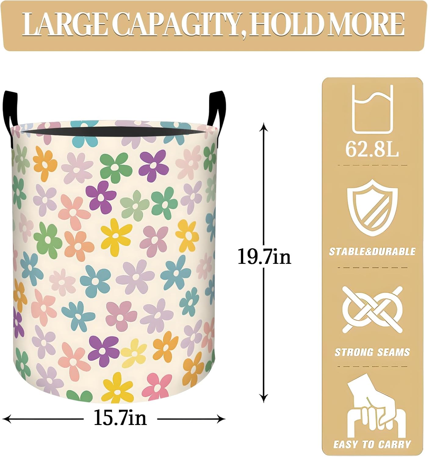 Colorful Cartoon Floral Laundry Basket, Dorm Nursery Foldable Laundry Hamper Organizer for Bathroom Decor, Toy Clothes Storage Box for Bedroom 19.7x15.7 Inch