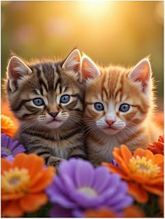TZTTZT Diamond Art Kits for Adults - Kittens Flowers Sunshine Duo Diamond Painting Kits for Adults Beginner, Frameless Diamond Painting Craft for Home Wall Decor