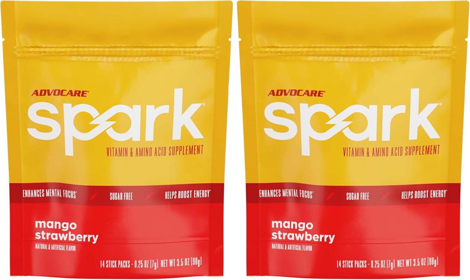 AdvoCare Spark Vitamin & Amino Acid Supplement - Focus & Energy Drink Powder Mix with Vitamin A, B-6, C & E - Also Includes L-Carnitine & L-Tyrosine - Mango Strawberry, 14 Stick Packs (Pack of 2)