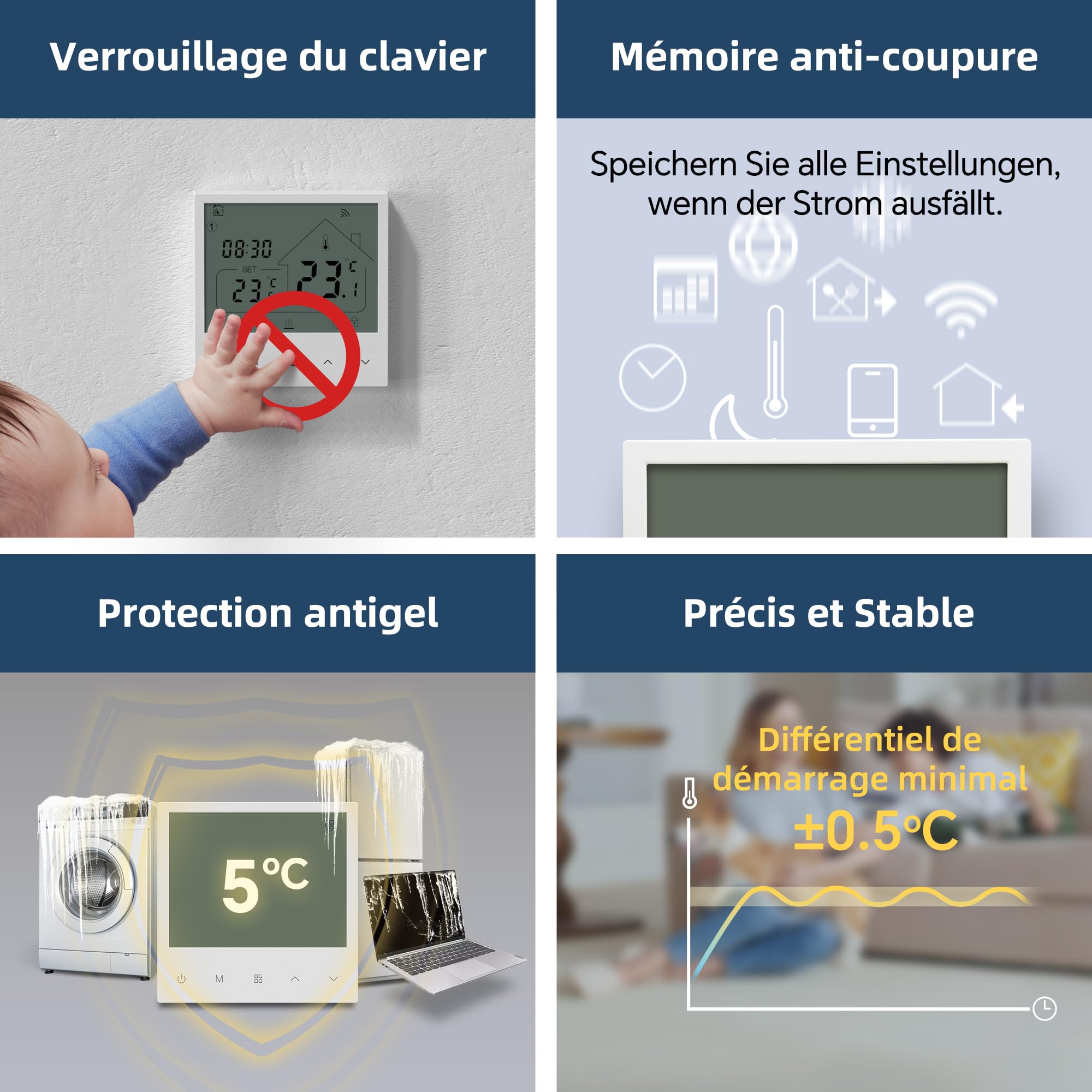 Beok Thermostat Connecté Grand Écran, WiFi pour Chaudière Gaz/Chauffage au Sol à Eau, Commande vocale Google Home & Alexa, Contrôle à Distance Via app Tuya Smart, Programmation journalière, 230V/3A