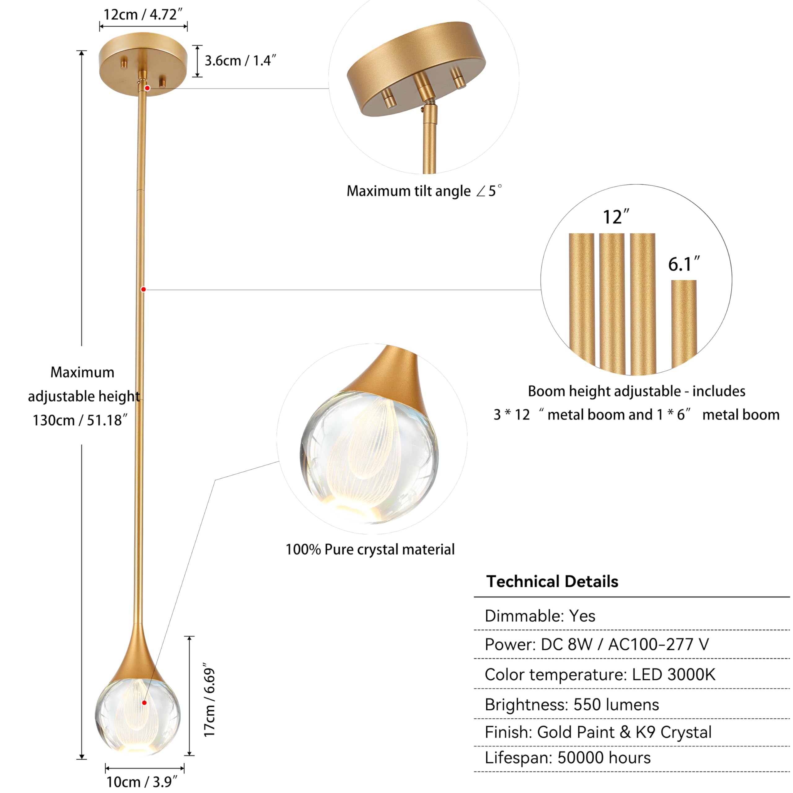 Lámpara colgante de cristal de lágrima de 1 luz, luz colgante de techo de globo dorado de latón, accesorios de luz LED con forma de gota de lluvia para barra de metal, iluminación colgante de vidrio 2