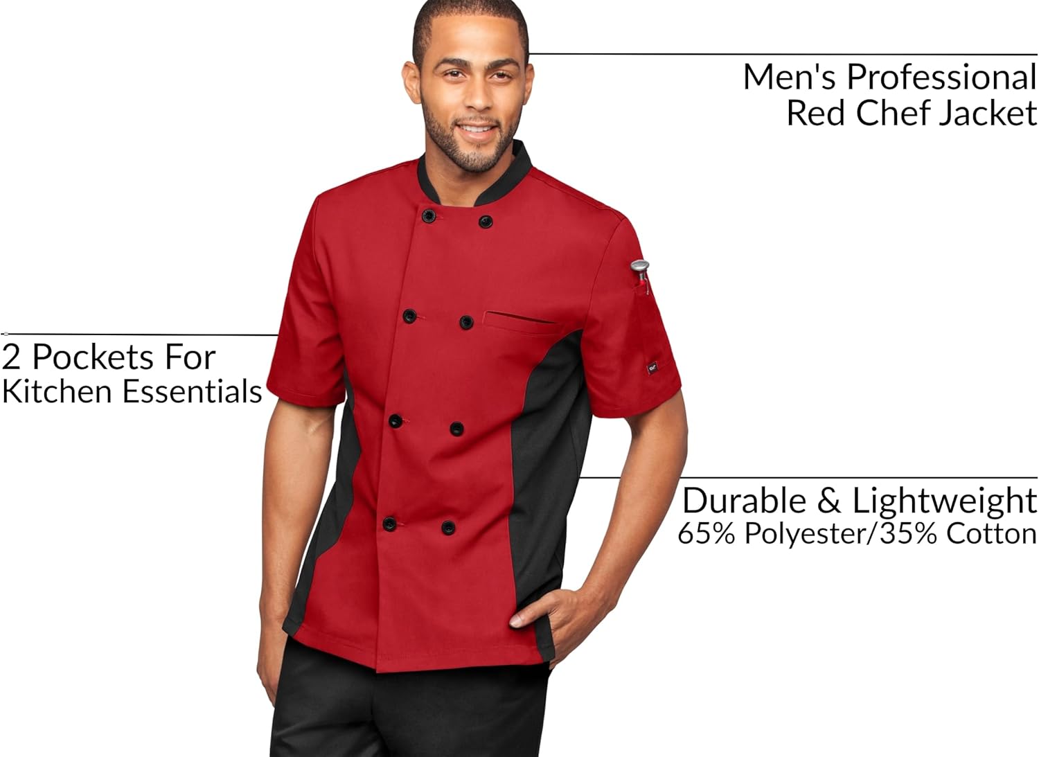 Men's Chef Coat Short Sleeve - Professional Chef Jacket with Breathable Mesh Side Panels & 2 Pockets for Culinary Essentials - Image 3