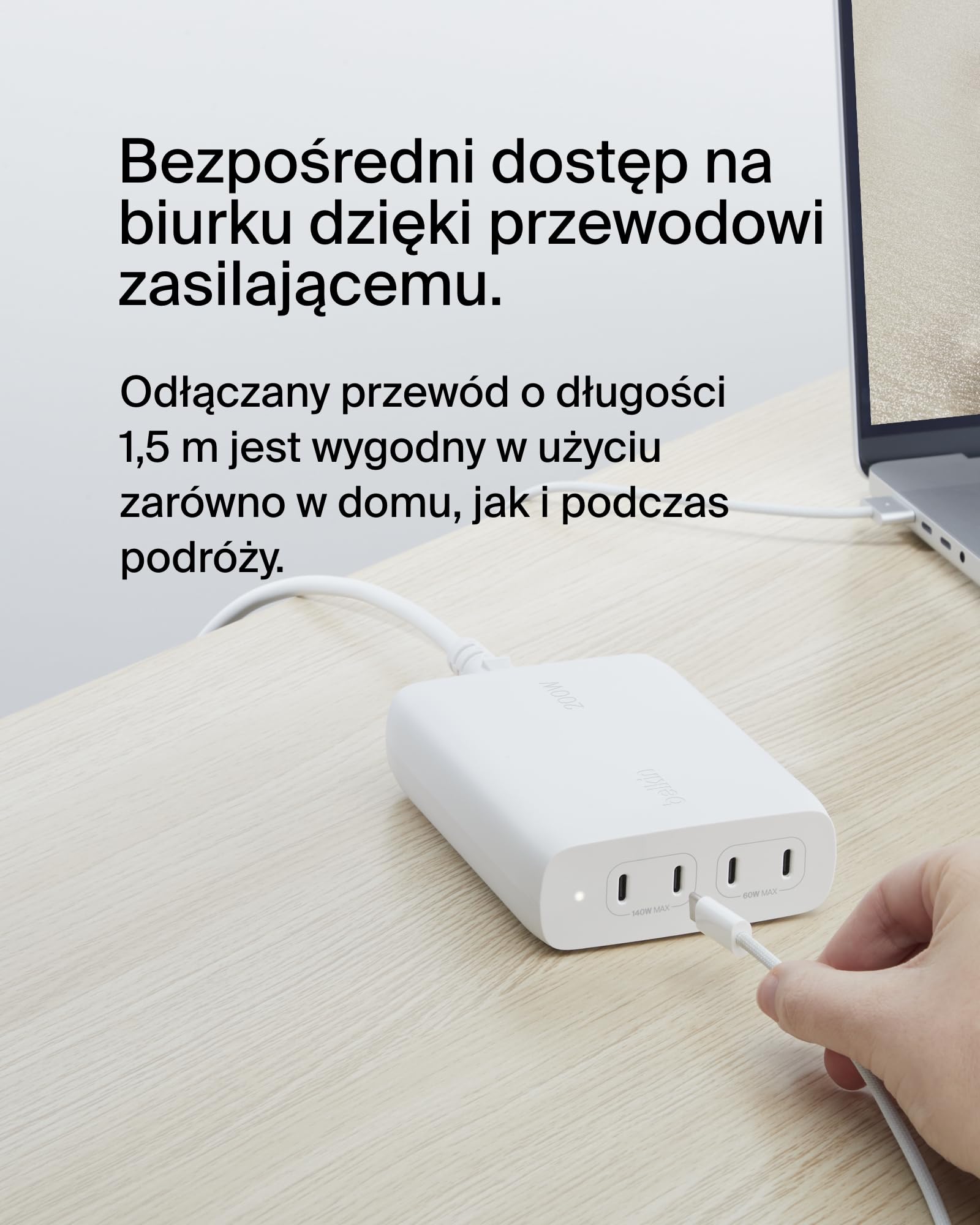 Belkin BoostCharge 4-portowa Ładowarka Sieciowa USB-C GaN 200 W z PD 3.1 Fast Charge + Kabel 1,5 m, Do MacBooka Pro, iPhone'a 16, 15, iPada Pro, Galaxy S24, Google Pixel