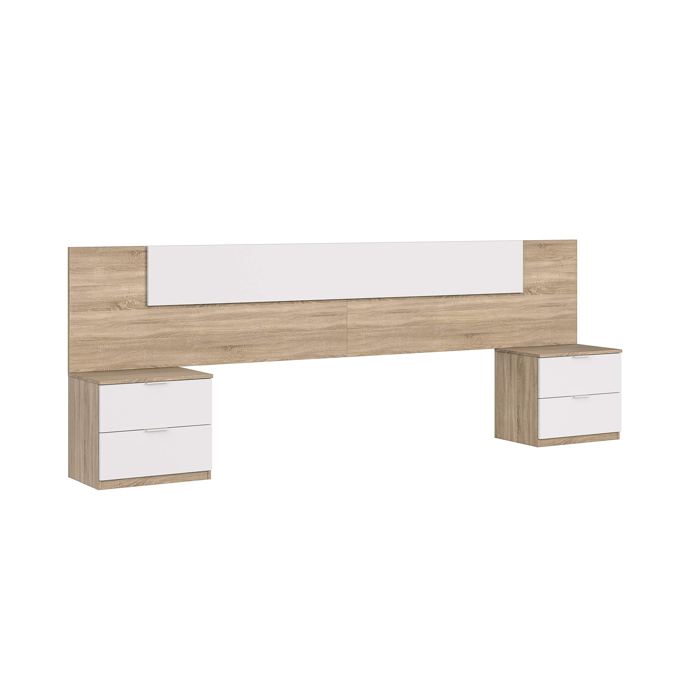 amuéblate online Cabezal + Dos Mesitas de Noche, Cabecero y Mesillas, Modelo Tanya, Acabado, Madera contrachapada, Blanco Artik-Roble Canadian, 247 cm (Ancho) x 50 cm (Alto) x 38 cm (Fondo)