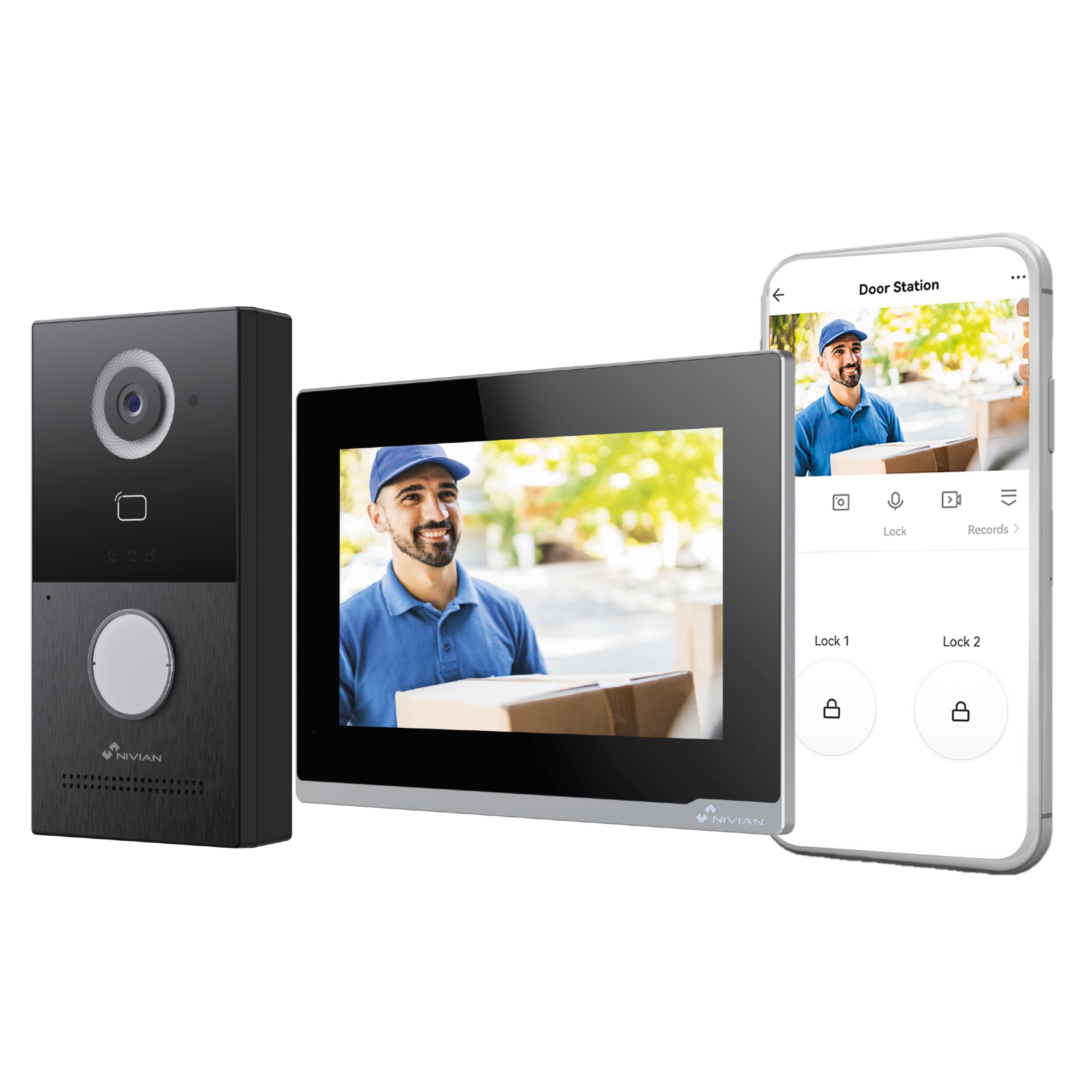NIVIAN Videoportero WiFi Inteligente Full HD con Monitor Táctil 7", Conexión 2 Hilos, Cámara Exterior 1080P IP65, Audio Bidireccional, Grabación en MicroSD y Control Remoto App Tuya