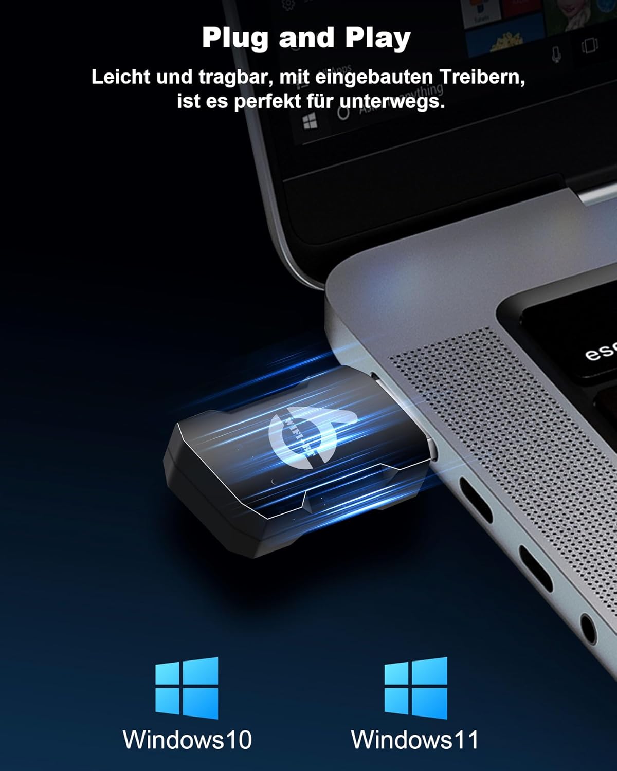 RUIZHI WiFi 6 USB Adapter plugged into a laptop, with Windows 10 and Windows 11 logos indicating compatibility.